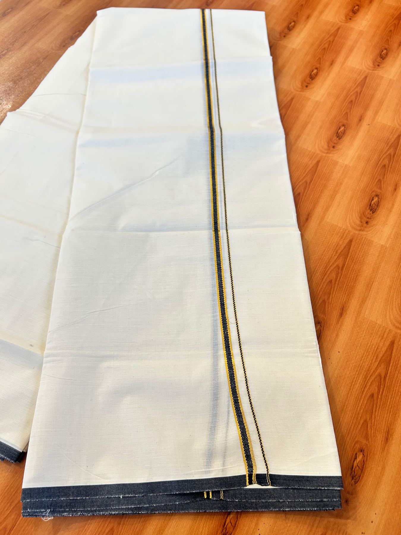 Double Off white (Unbleached) Mundu/Dhoti - 20% Discount! KaithariKada Pure Cotton  (80s) - 1 cm Gold Kasav Black Kara 4 mtr (8.5 muzham) - 2 KK5479 GAN