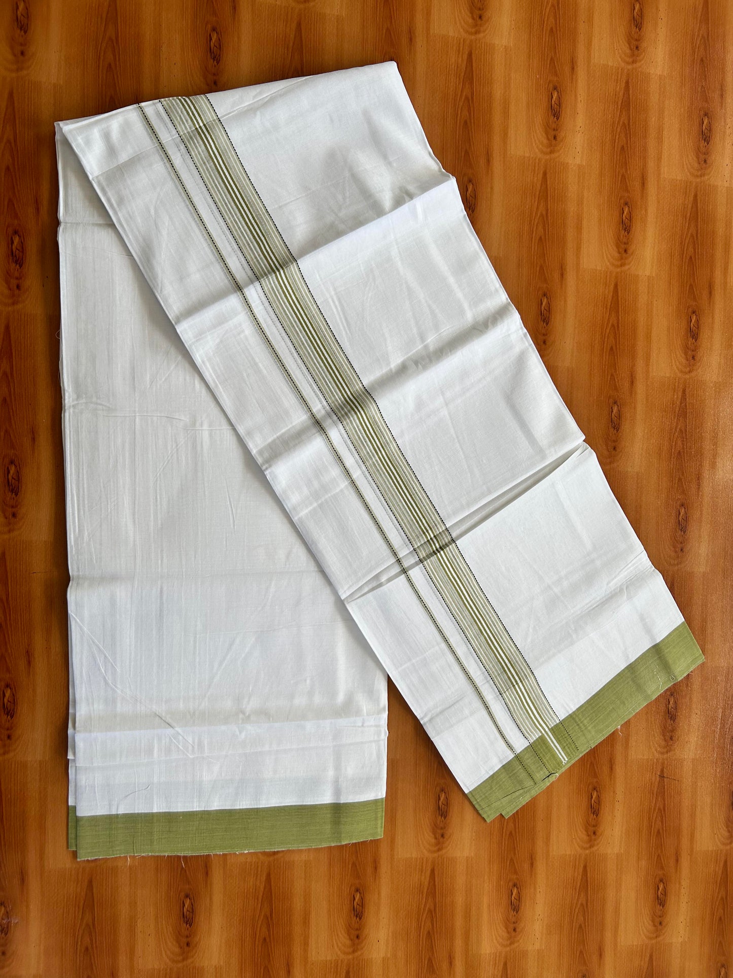 Double Pure White Mundu/Dothi - 20% Discount ! Kaitharikada Balaramapuram 100% Cotton 100x80 - 1.25 Inch Parrot Green Shaded Striped Kara 3.90 mtr (8 muzham) - 6 KK5437 VAS