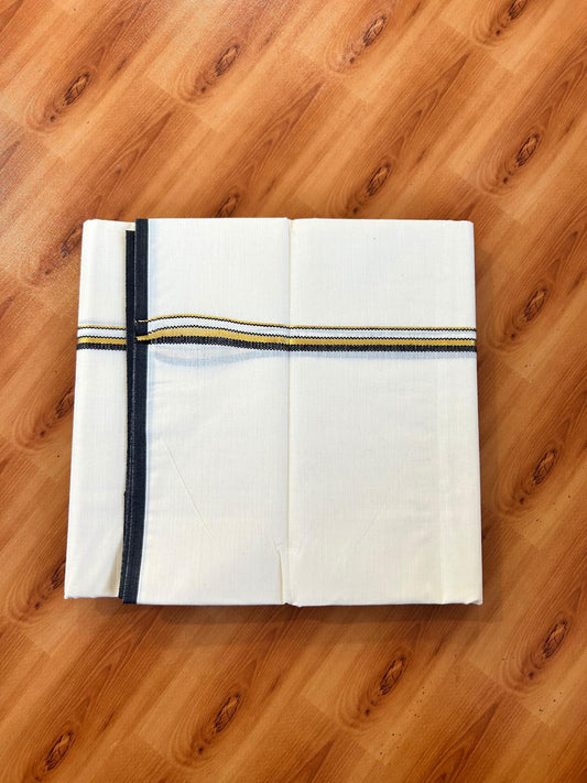 Double Off white (Unbleached) Mundu/Dhoti - 20% Discount! KaithariKada Pure Cotton  (80s) - 1 cm Gold Kasav Black Kara 4 mtr (8.5 muzham) - 1 KK5479 GAN