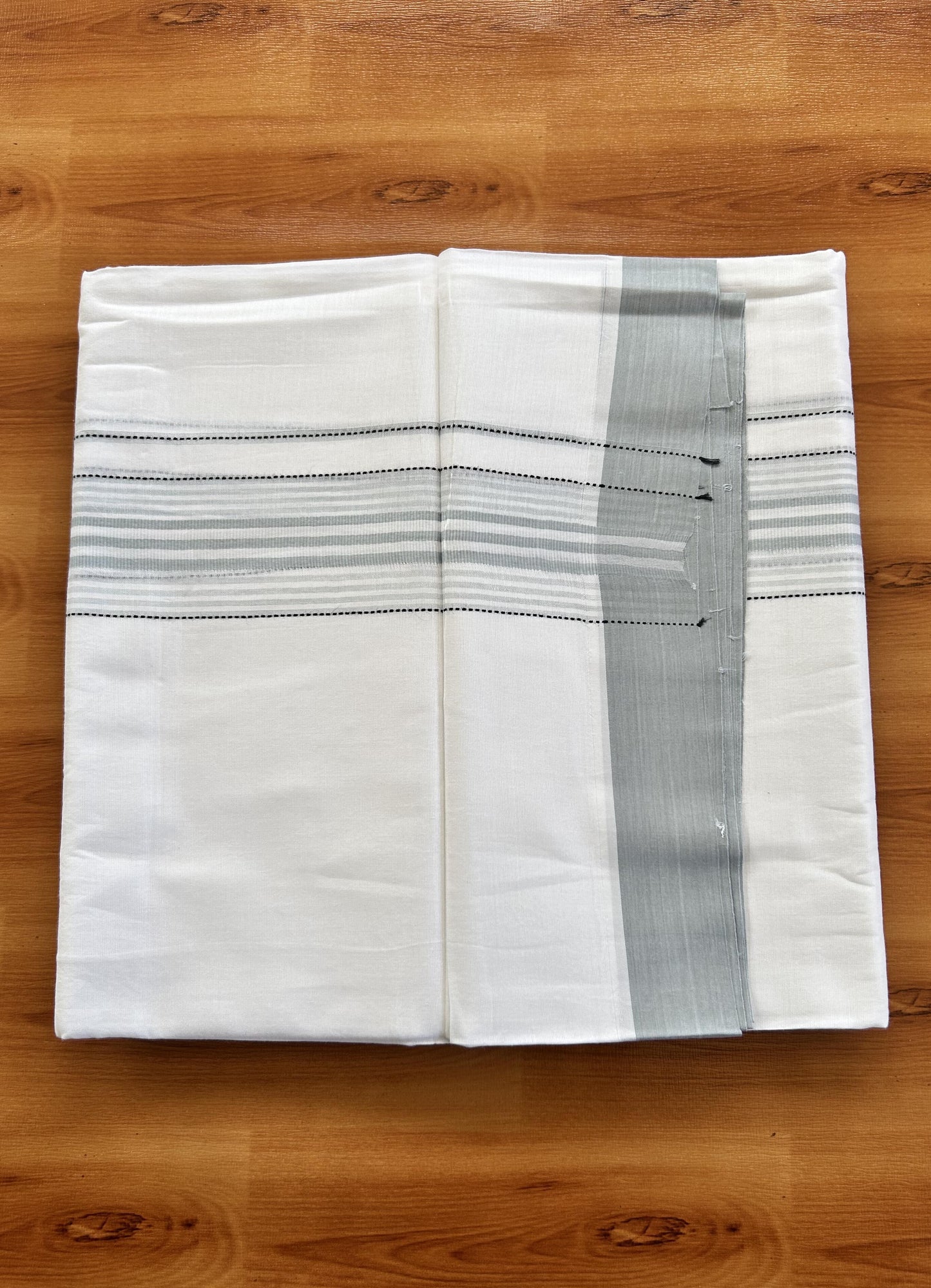 Double Pure White Mundu/Dothi - 20% Discount ! Kaitharikada Balaramapuram 100% Cotton 100x80 - 2 Inch Black & Cadet Grey Shaded Striped Kara 3.90 mtr (8 muzham) - 7 KK5437 VAS