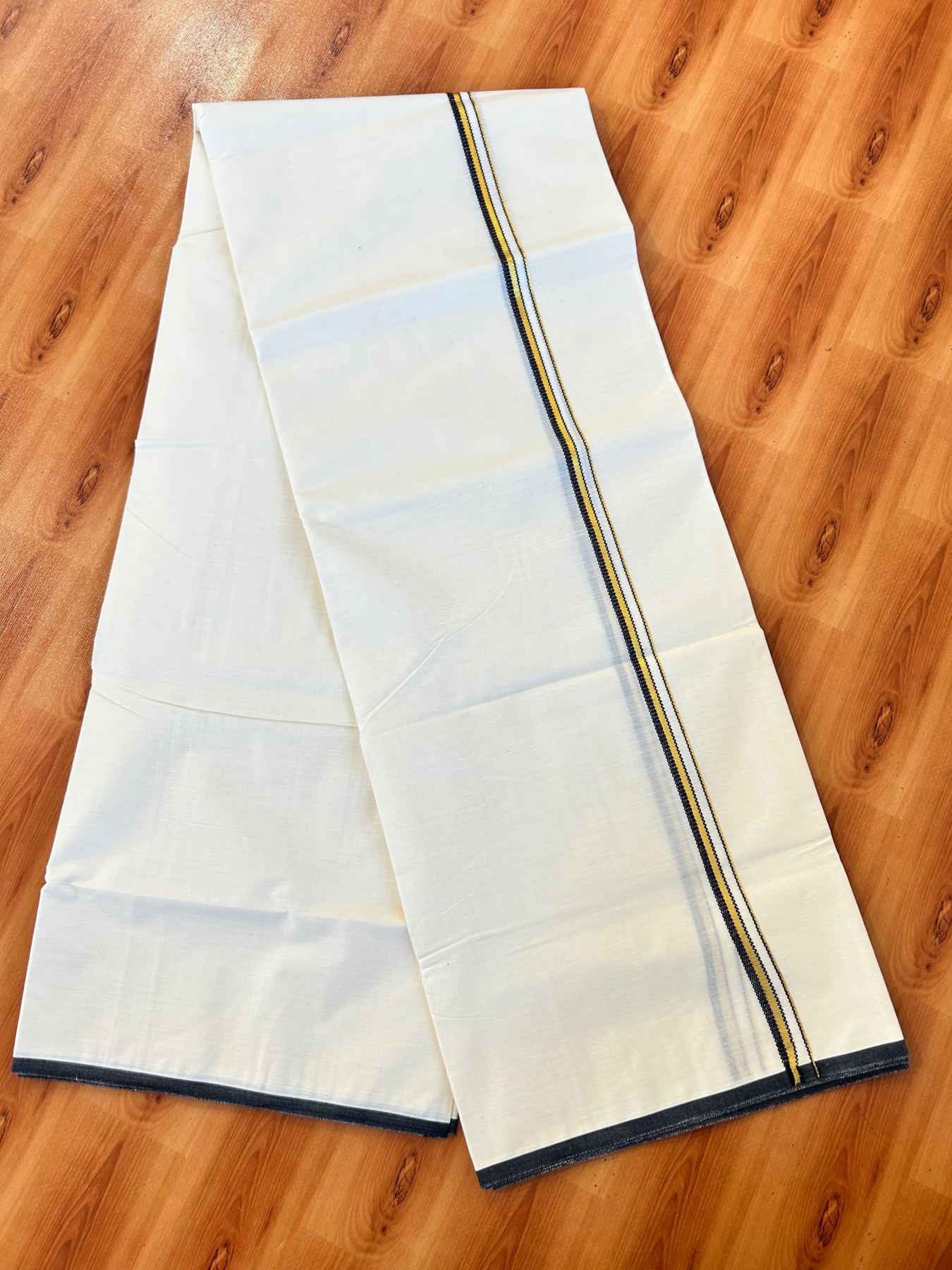 Double Off white (Unbleached) Mundu/Dhoti - 20% Discount! KaithariKada Pure Cotton  (80s) - 1 cm Gold Kasav Black Kara 4 mtr (8.5 muzham) - 1 KK5479 GAN