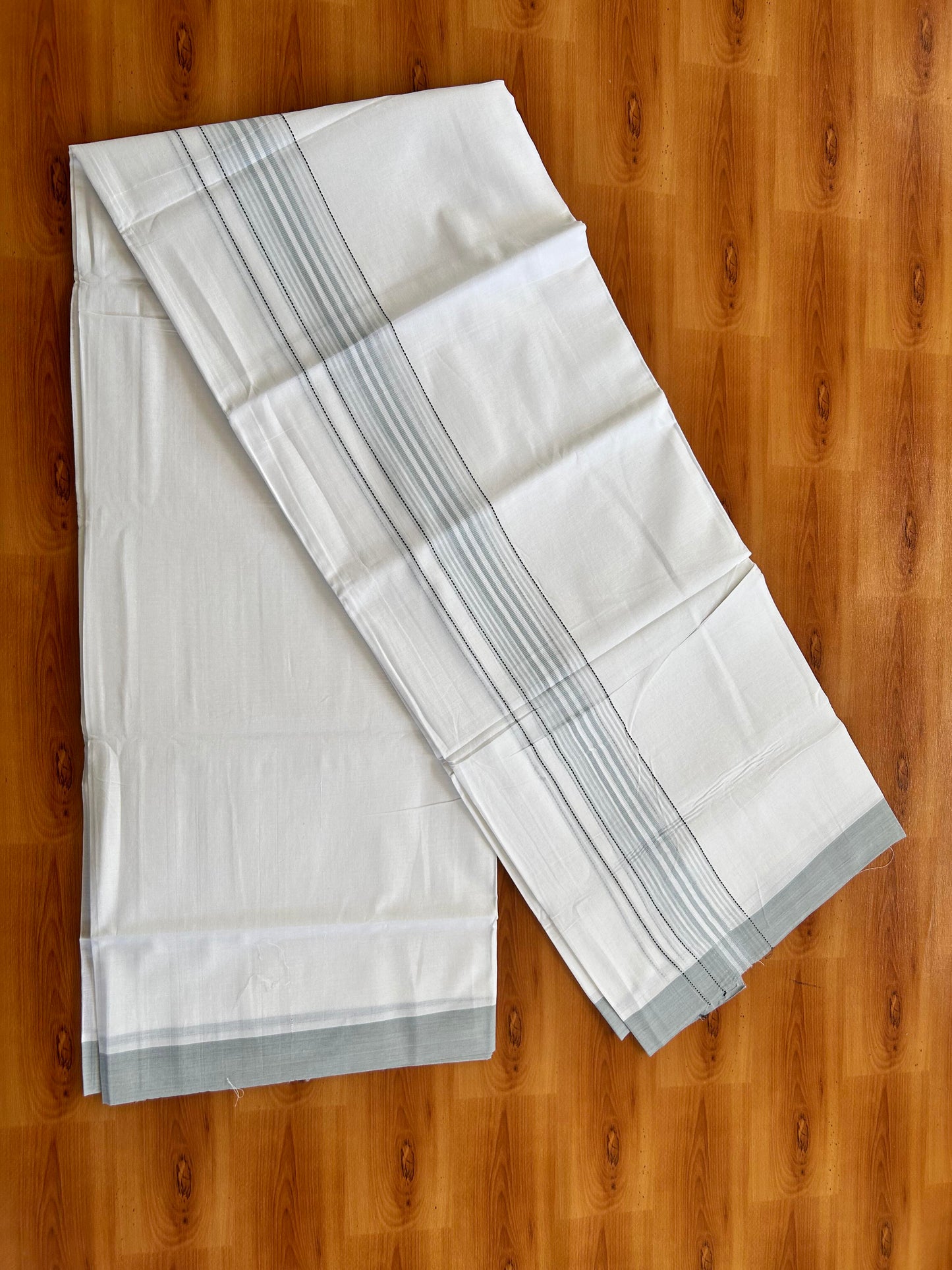 Double Pure White Mundu/Dothi - 20% Discount ! Kaitharikada Balaramapuram 100% Cotton 100x80 - 2 Inch Black & Cadet Grey Shaded Striped Kara 3.90 mtr (8 muzham) - 7 KK5437 VAS