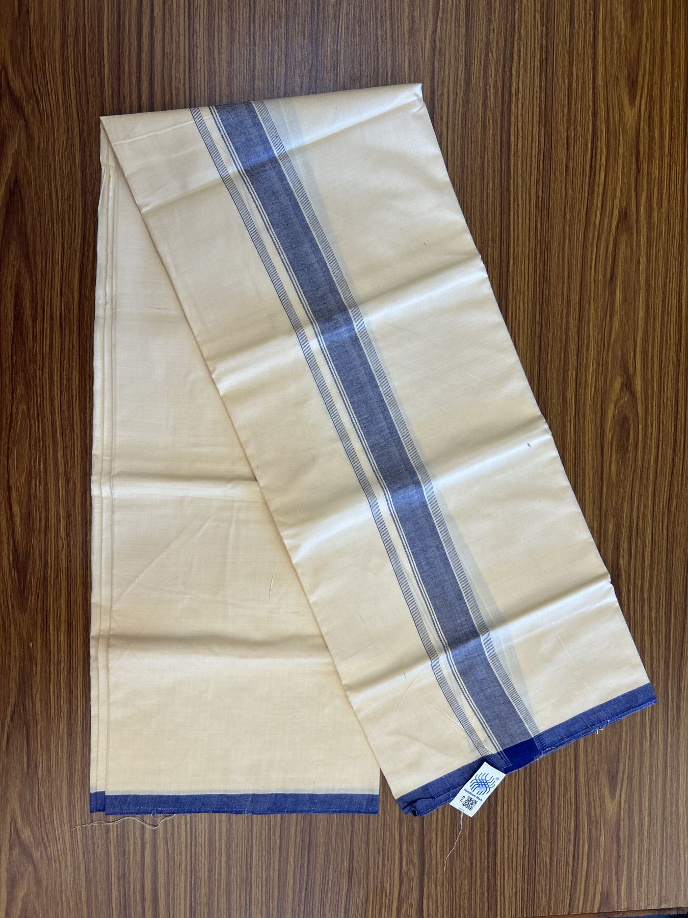 Kannur Kavi Dhoti - KaithariKada Balaramapuram Handloom  Single Mundu/Dhoti - 100% Pure Cotton 2/80x2/80s Thread - Kannur Light Yellow colour Body 1.75 inch Blue Striped Kara - 35 KK8046 KAL