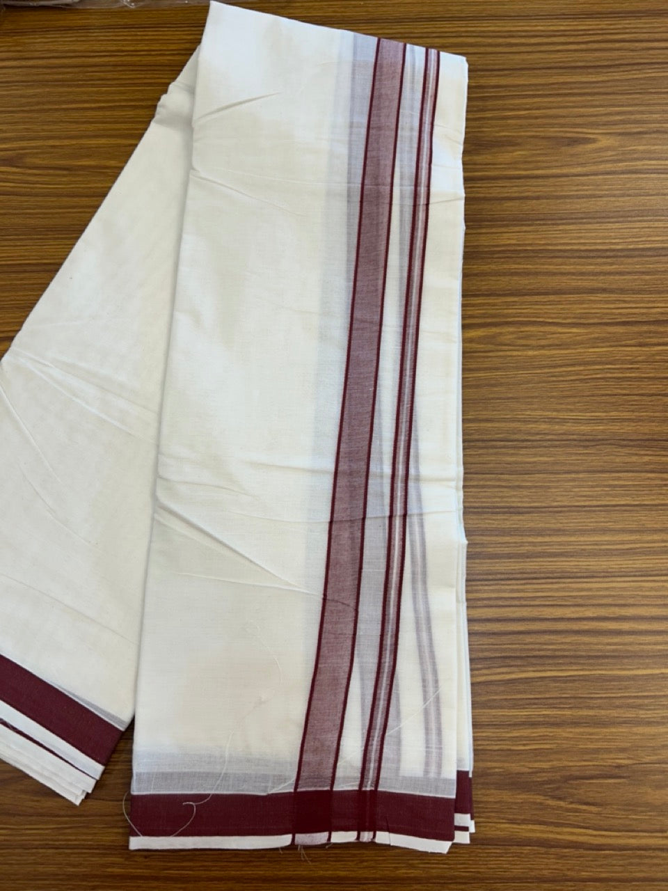 20% Discount! Kaitharikada Mixed Cotton Off White (Unbleached) - 80x90 - North Indian Attached Gamcha - 10x6 - Maroon Shaded border - 25 KK8304 PMC