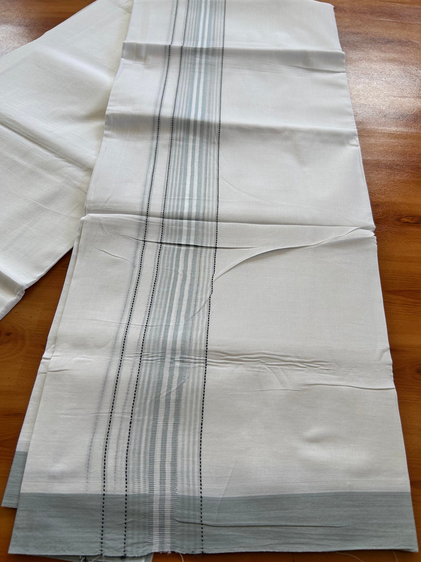 Double Pure White Mundu/Dothi - 20% Discount ! Kaitharikada Balaramapuram 100% Cotton 100x80 - 2 Inch Black & Cadet Grey Shaded Striped Kara 3.90 mtr (8 muzham) - 7 KK5437 VAS