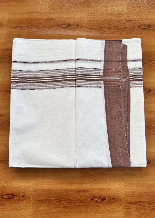 Double Pure White Mundu/Dothi - 20% Discount ! Kaitharikada Balaramapuram 100% Cotton 100x80 - 1.5 Inch Black & Dusty Maroon Shaded Striped Kara 3.90 mtr (8 muzham) - 3 KK5437 VAS