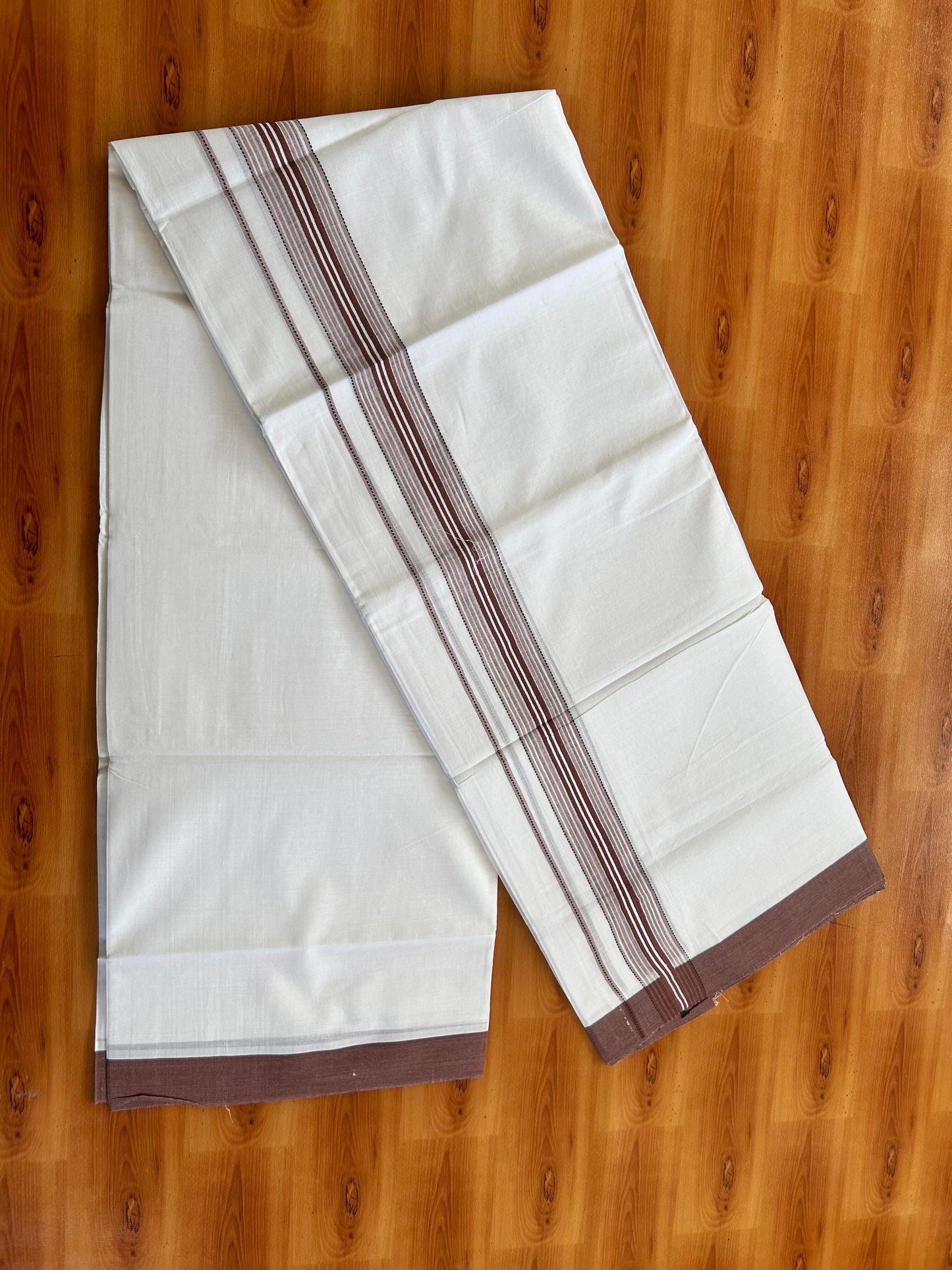 Double Pure White Mundu/Dothi - 20% Discount ! Kaitharikada Balaramapuram 100% Cotton 100x80 - 1.5 Inch Black & Dusty Maroon Shaded Striped Kara 3.90 mtr (8 muzham) - 3 KK5437 VAS