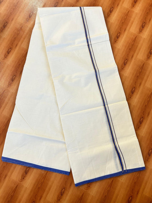 Double Off white (Unbleached) Mundu/Dhoti - 20% Discount! KaithariKada Pure Cotton  (80s) - 1 cm Gold Kasav Dark Blue Kara 4 mtr (8.5 muzham) - 21 KK5479 GAN