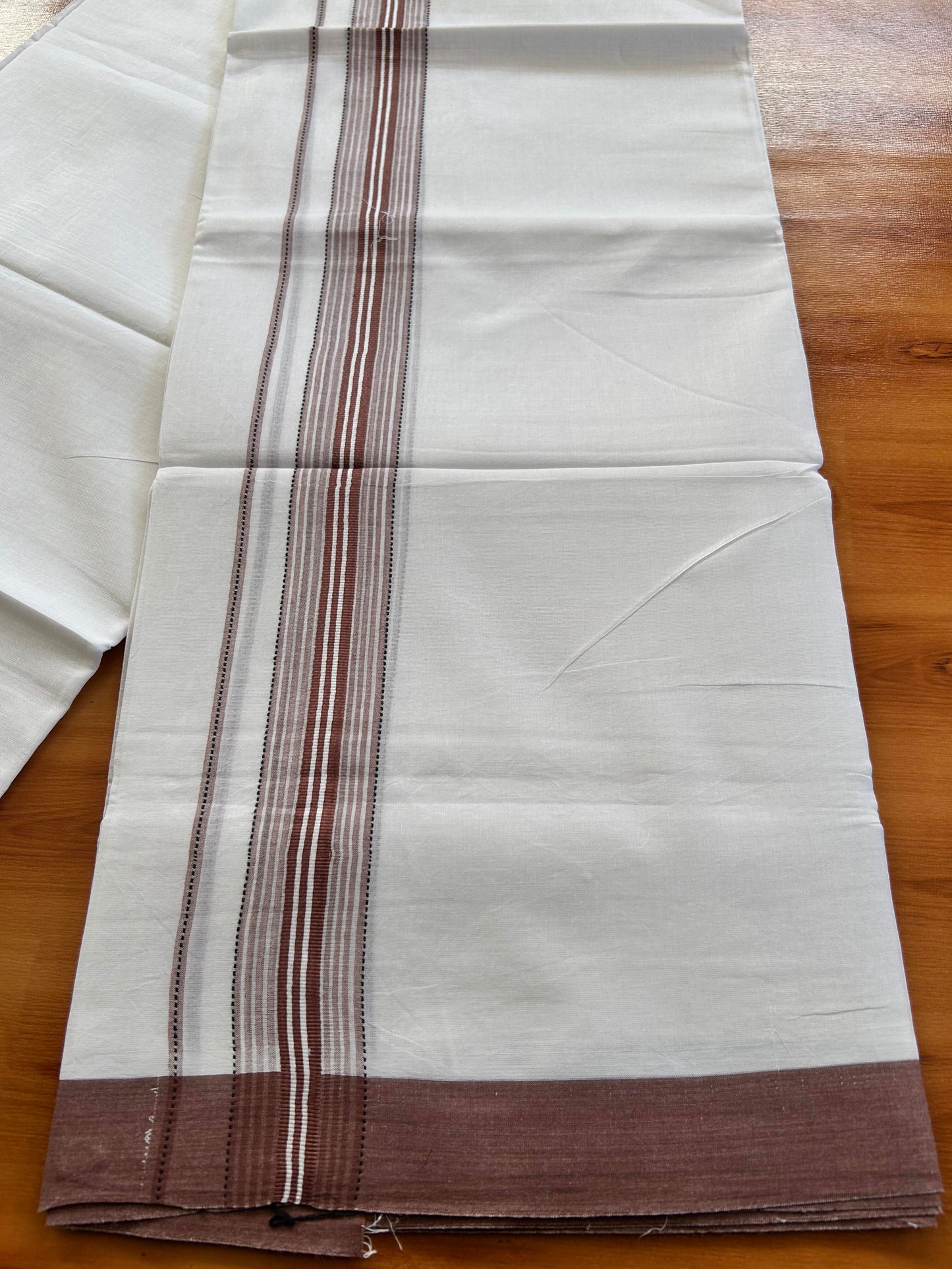 Double Pure White Mundu/Dothi - 20% Discount ! Kaitharikada Balaramapuram 100% Cotton 100x80 - 1.5 Inch Black & Dusty Maroon Shaded Striped Kara 3.90 mtr (8 muzham) - 3 KK5437 VAS