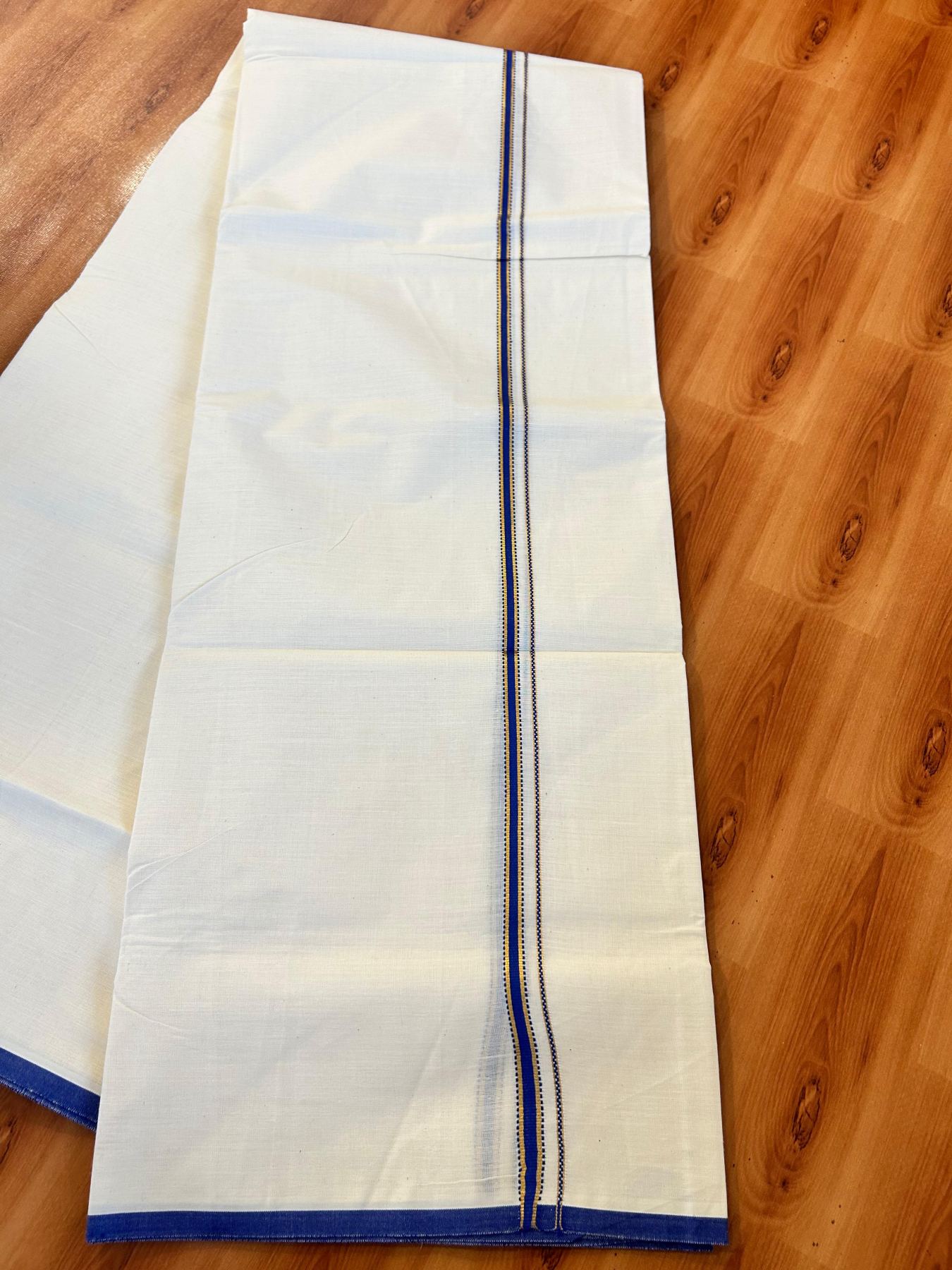 Double Off white (Unbleached) Mundu/Dhoti - 20% Discount! KaithariKada Pure Cotton  (80s) - 1 cm Gold Kasav Dark Blue Kara 4 mtr (8.5 muzham) - 21 KK5479 GAN