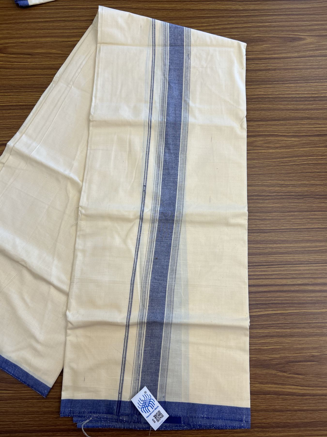 Kannur Kavi Dhoti - KaithariKada Balaramapuram Handloom Single Mundu/Dhoti - 100% Pure Cotton 2/80x2/80s Thread - Kannur Light Yellow colour Body 1.75 inch Blue Striped Kara - 38 KK8046 KAL