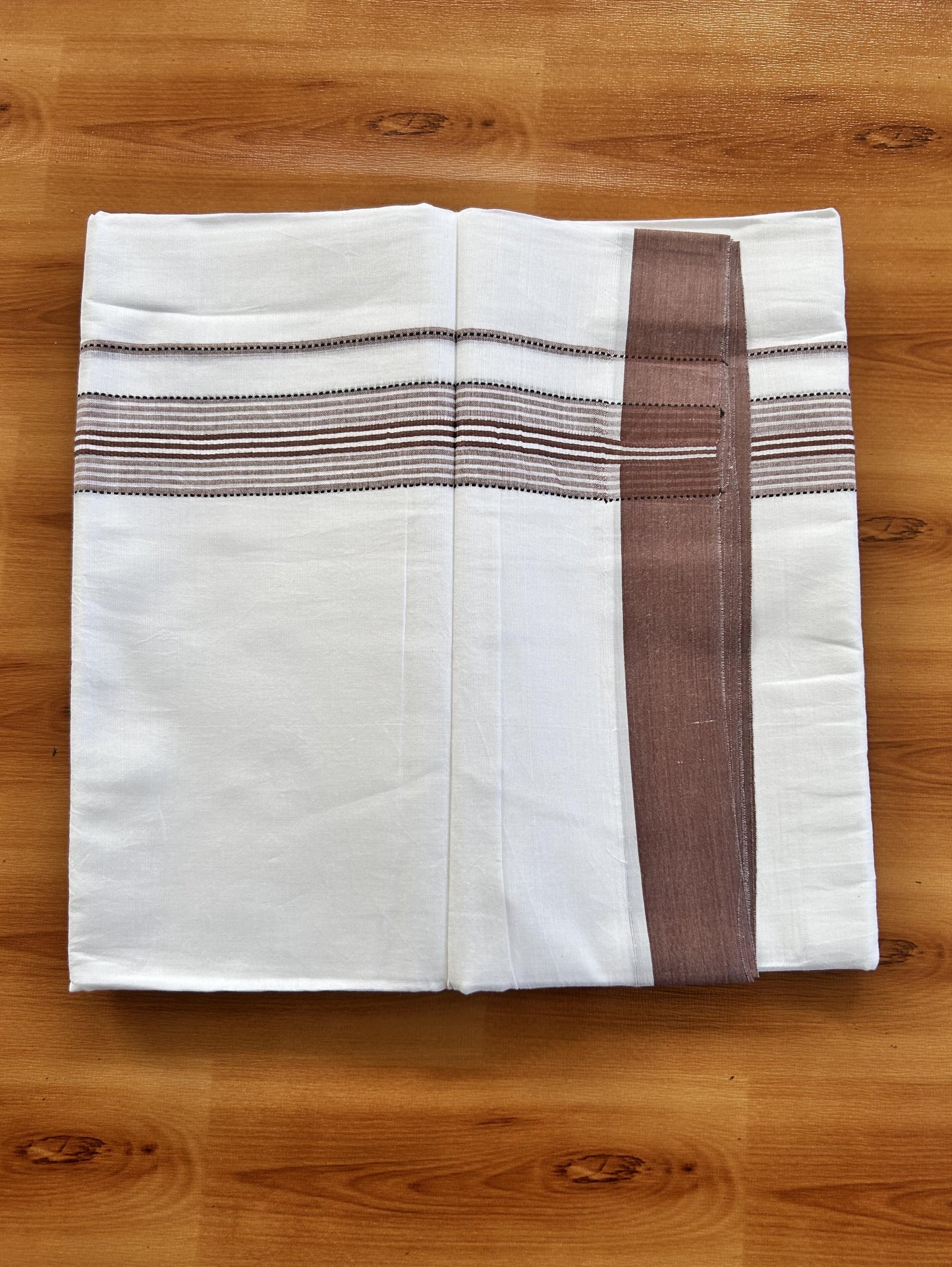 Double Pure White Mundu/Dothi - 20% Discount ! Kaitharikada Balaramapuram 100% Cotton 100x80 - 1.25 Inch Black & Dusty Maroon Shaded Striped Kara 3.90 mtr (8 muzham) - 4 KK5437 VAS