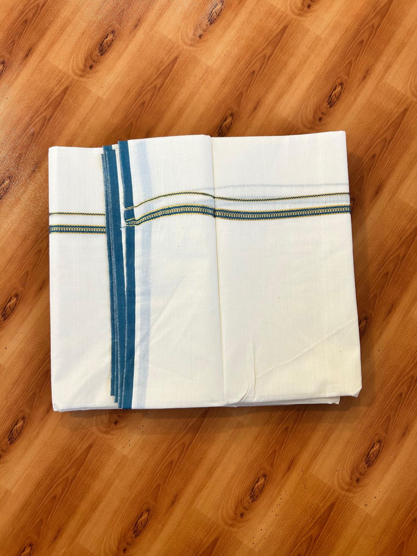 Double Off white (Unbleached) Mundu/Dhoti - 20% Discount! KaithariKada Pure Cotton  (80s) - 1 cm Gold Kasav Peacock Green Kara 4 mtr (8.5 muzham) - 25 KK5479 GAN
