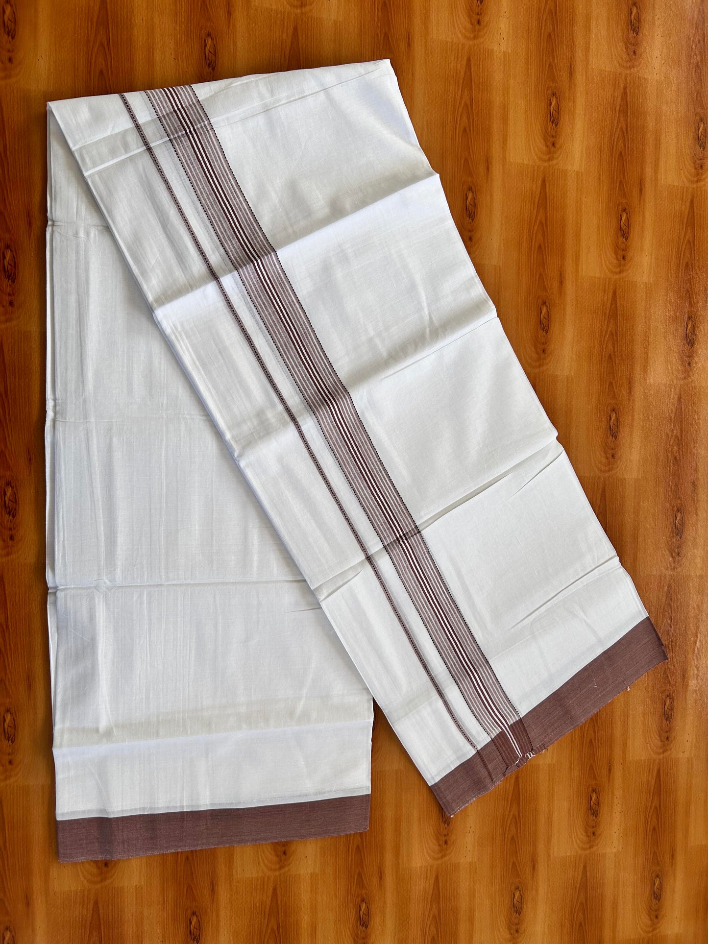 Double Pure White Mundu/Dothi - 20% Discount ! Kaitharikada Balaramapuram 100% Cotton 100x80 - 1.25 Inch Black & Dusty Maroon Shaded Striped Kara 3.90 mtr (8 muzham) - 4 KK5437 VAS