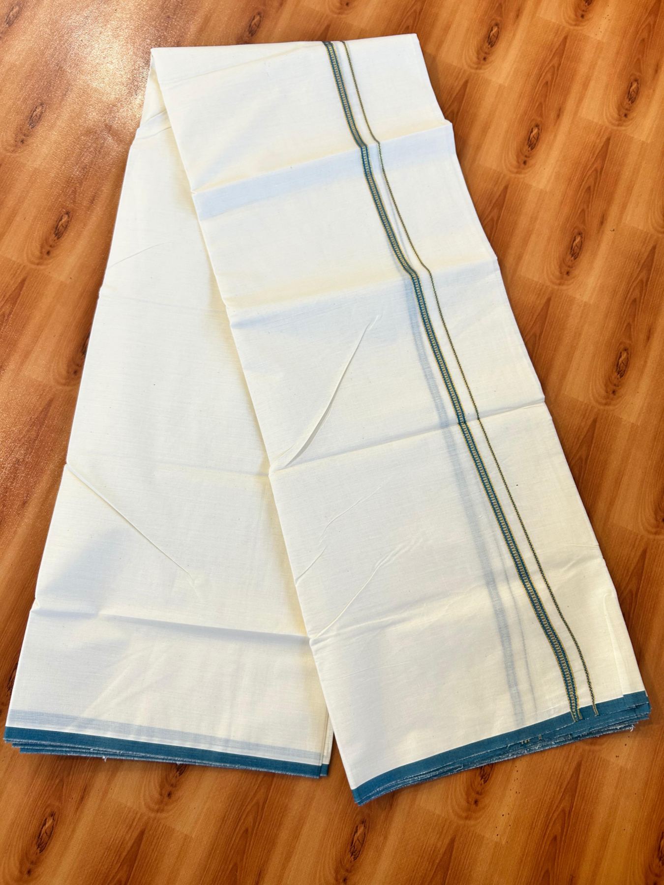 Double Off white (Unbleached) Mundu/Dhoti - 20% Discount! KaithariKada Pure Cotton  (80s) - 1 cm Gold Kasav Peacock Green Kara 4 mtr (8.5 muzham) - 25 KK5479 GAN
