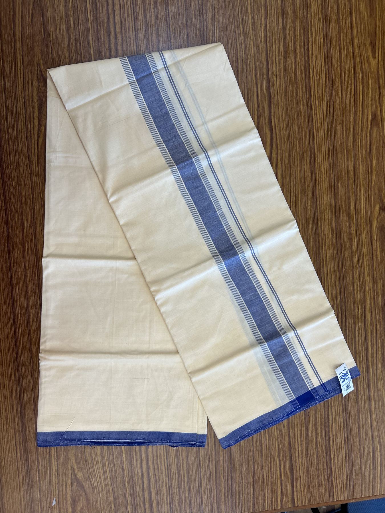 Kannur Kavi Dhoti - KaithariKada Balaramapuram Handloom Single Mundu/Dhoti - 100% Pure Cotton 2/80x2/80s Thread - Kannur Light Yellow colour Body 1.75 inch Blue Striped Kara - 39 KK8046 KAL