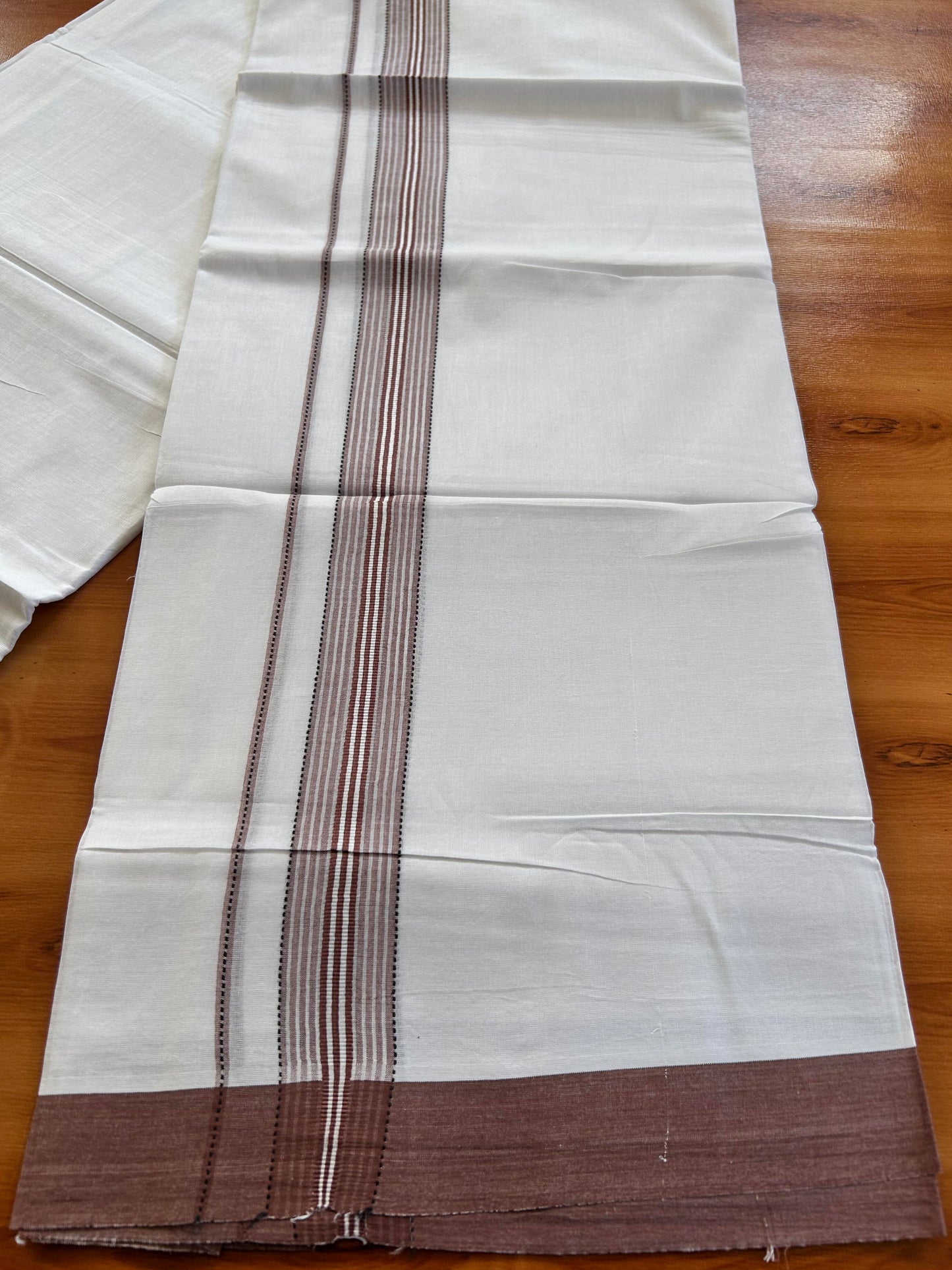 Double Pure White Mundu/Dothi - 20% Discount ! Kaitharikada Balaramapuram 100% Cotton 100x80 - 1.25 Inch Black & Dusty Maroon Shaded Striped Kara 3.90 mtr (8 muzham) - 4 KK5437 VAS
