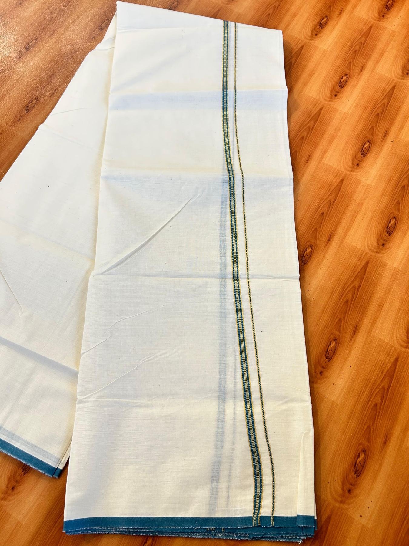 Double Off white (Unbleached) Mundu/Dhoti - 20% Discount! KaithariKada Pure Cotton  (80s) - 1 cm Gold Kasav Peacock Green Kara 4 mtr (8.5 muzham) - 25 KK5479 GAN
