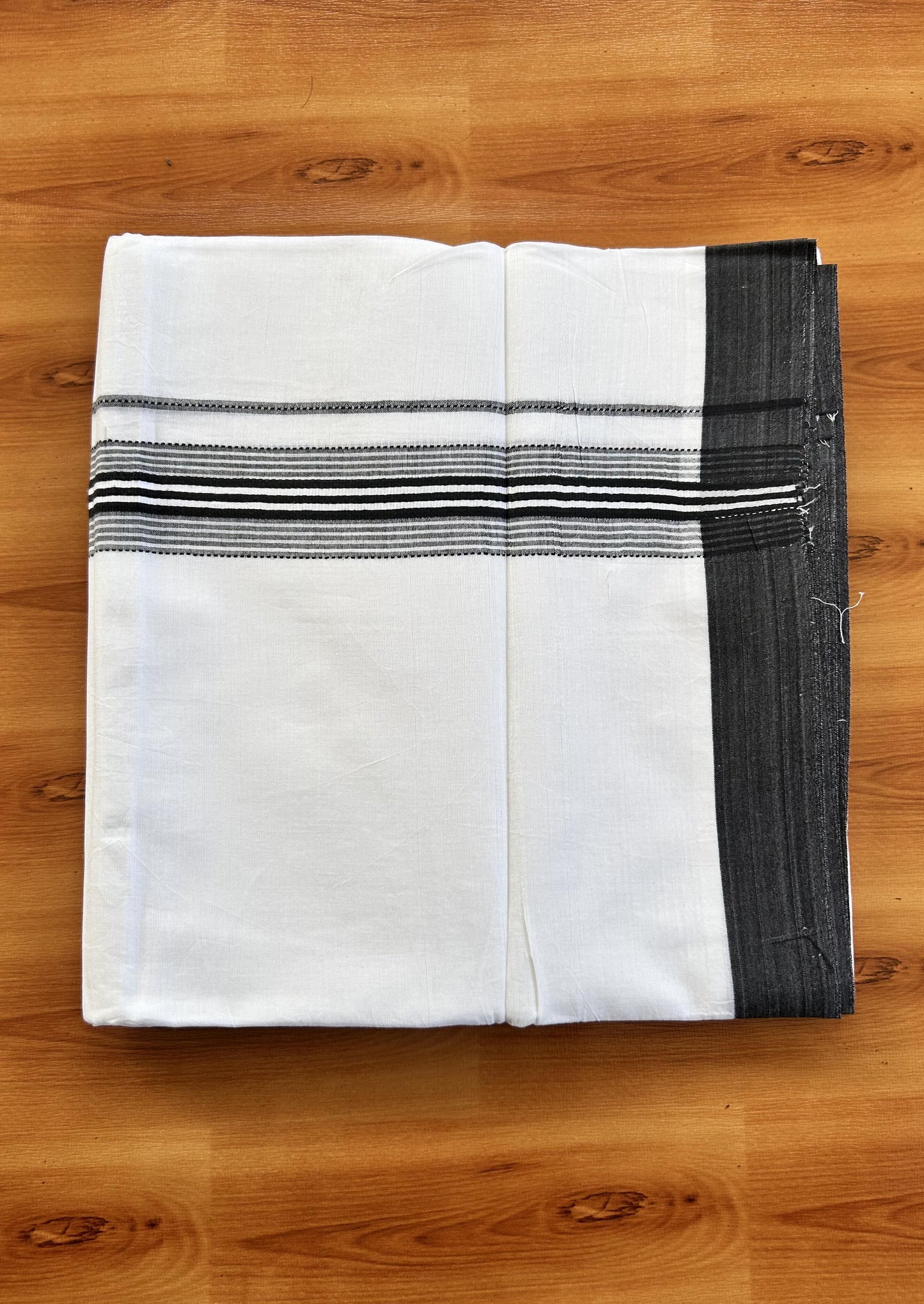 Double Pure White Mundu/Dothi - 20% Discount ! Kaitharikada Balaramapuram 100% Cotton 100x80 - 1.5 Inch Navy Blue Shaded Striped Kara 3.90 mtr (8 muzham) - 4 KK5437 VAS