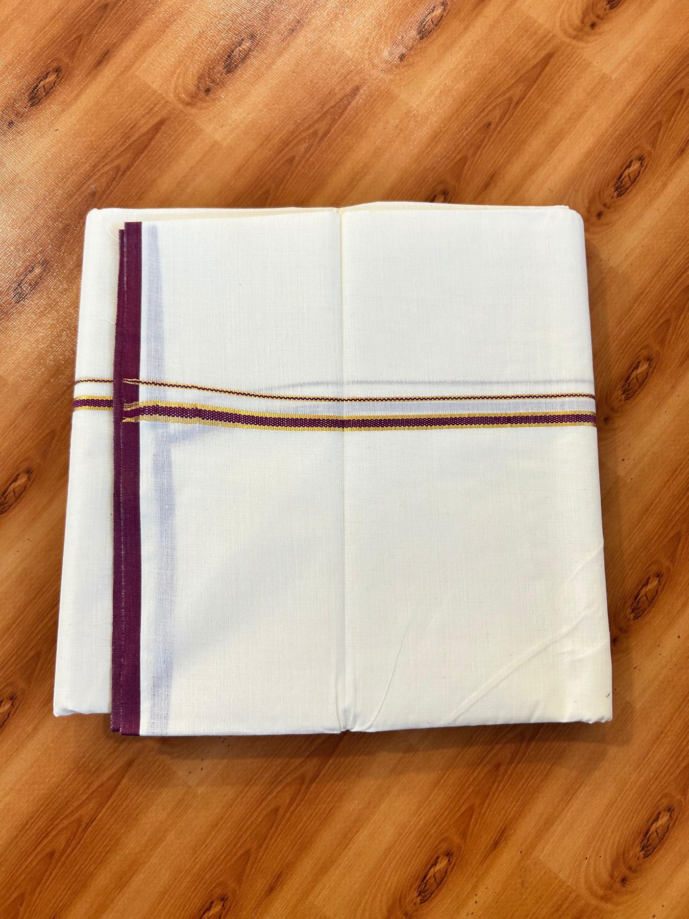 Double Off white (Unbleached) Mundu/Dhoti - 20% Discount! KaithariKada Pure Cotton  (80s) - 1 cm Gold Kasav Wine Purple Kara 4 mtr (8.5 muzham) - 24 KK5479 GAN