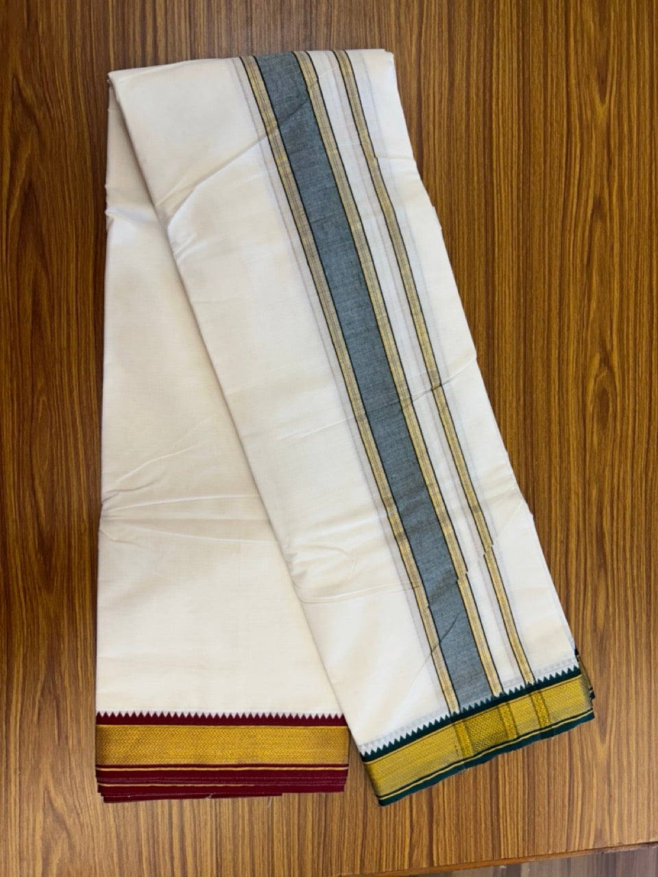 20% Discount! KaithariKada Cotton Mix Off White - (Unbleached) 80X90 thread - North Indian- Attached Gamcha - 10X6 Dhoti - 2 inch Green Gold Kasav kara with Dark Maroon & Green Gold Kasav Design border - 7 KK8304 PMC