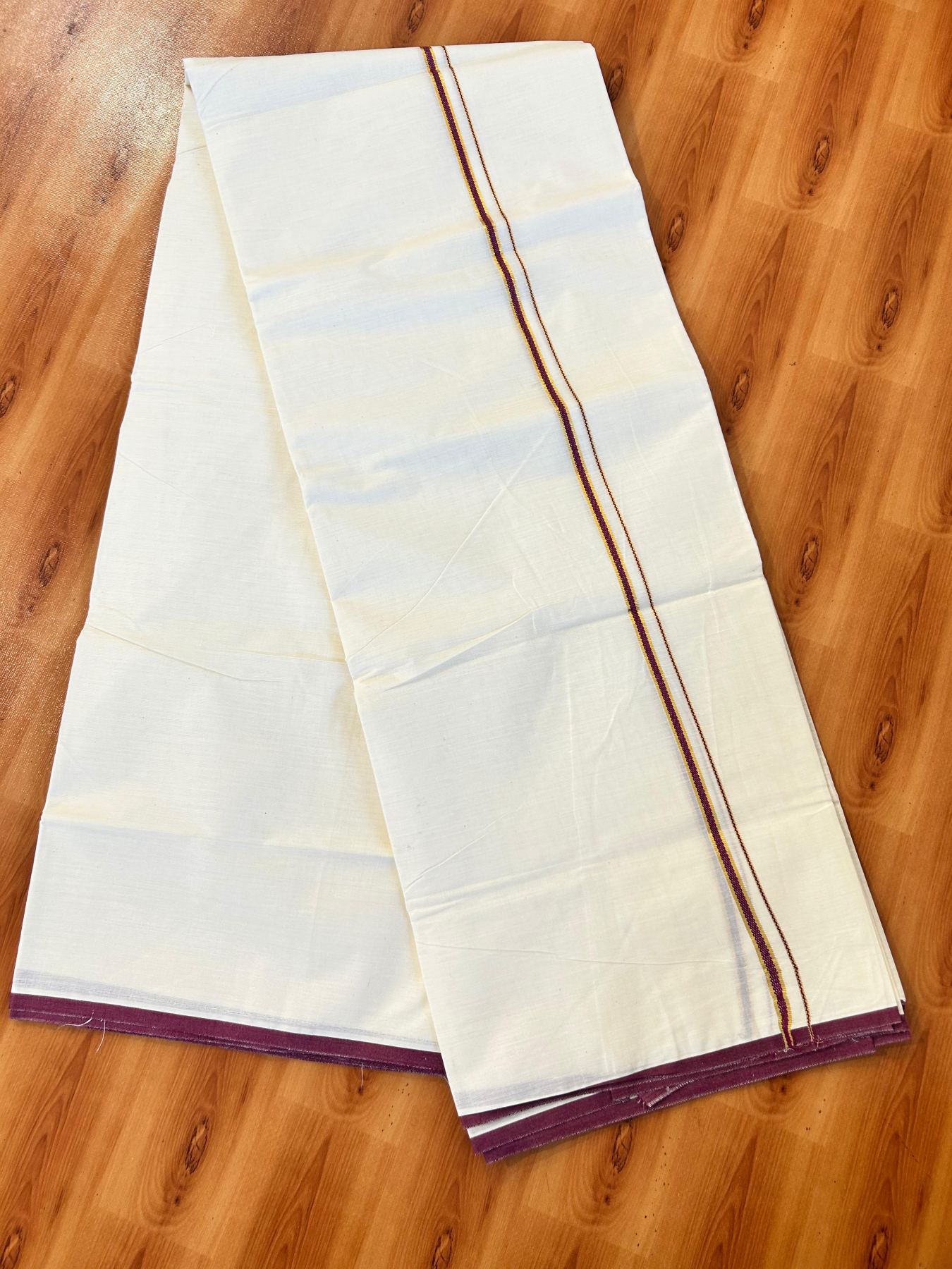 Double Off white (Unbleached) Mundu/Dhoti - 20% Discount! KaithariKada Pure Cotton  (80s) - 1 cm Gold Kasav Wine Purple Kara 4 mtr (8.5 muzham) - 24 KK5479 GAN