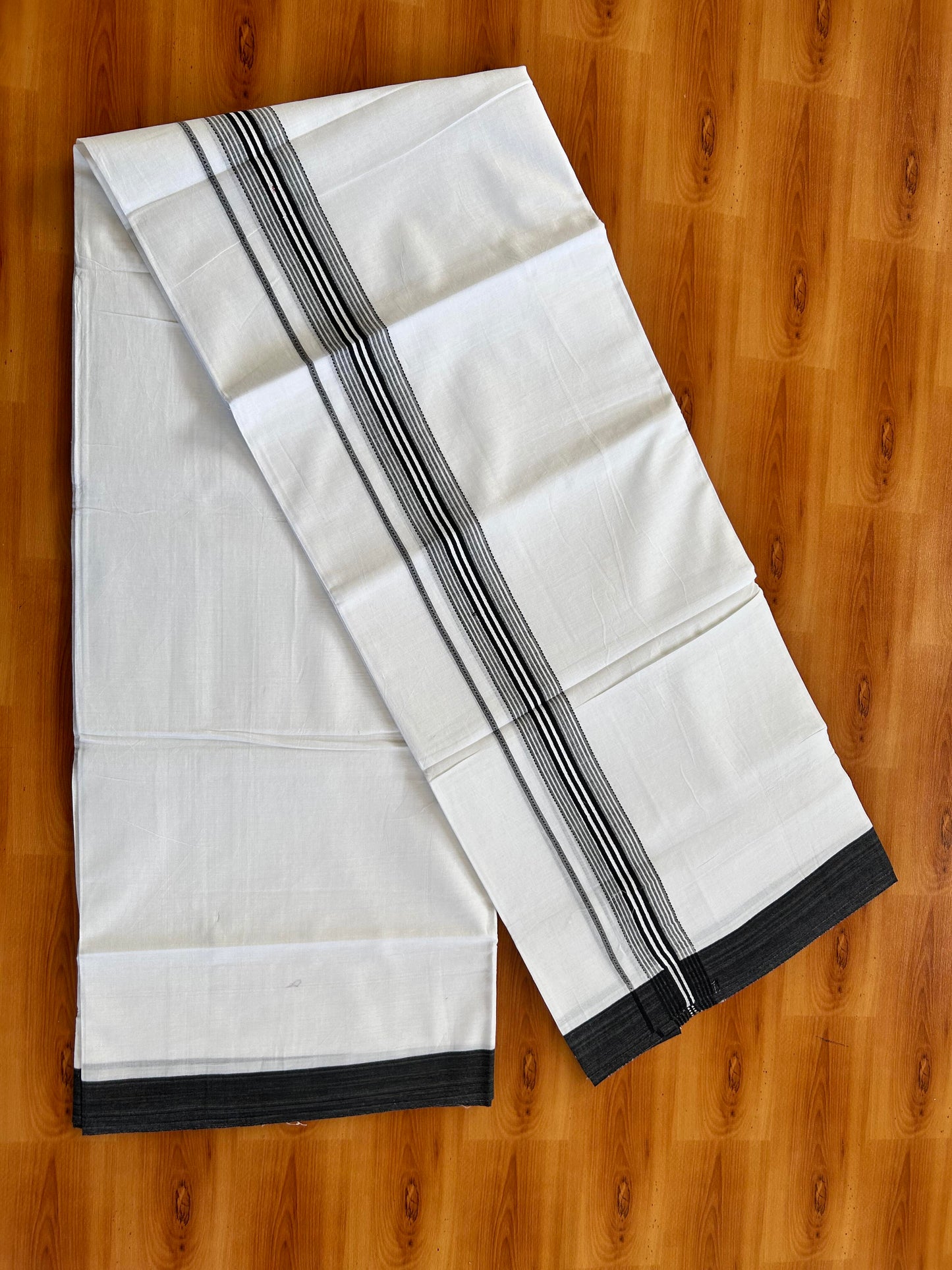 Double Pure White Mundu/Dothi - 20% Discount ! Kaitharikada Balaramapuram 100% Cotton 100x80 - 1.5 Inch Navy Blue Shaded Striped Kara 3.90 mtr (8 muzham) - 4 KK5437 VAS