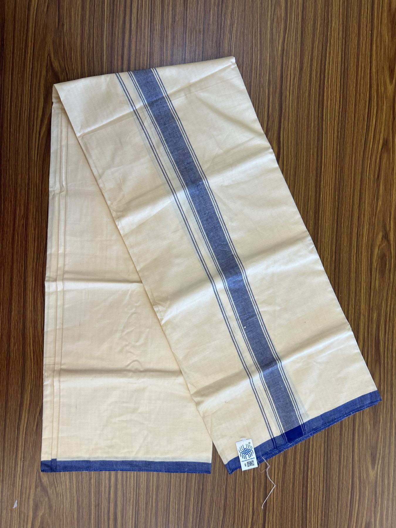 Kannur Kavi Dhoti - KaithariKada Balaramapuram Handloom Single Mundu/Dhoti - 100% Pure Cotton 2/80x2/80s Thread - Kannur Light Yellow colour Body 1.75 inch Blue Striped Kara - 41 KK8046 KAL