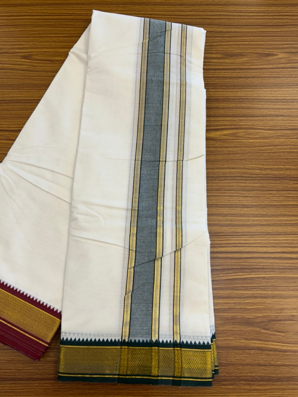 20% Discount! KaithariKada Cotton Mix Off White - (Unbleached) 80X90 thread - North Indian- Attached Gamcha - 10X6 Dhoti - 2 inch Green Gold Kasav kara with Dark Maroon & Green Gold Kasav Design border - 7 KK8304 PMC