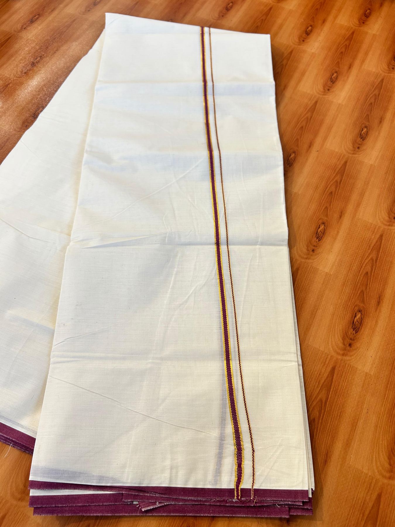 Double Off white (Unbleached) Mundu/Dhoti - 20% Discount! KaithariKada Pure Cotton  (80s) - 1 cm Gold Kasav Wine Purple Kara 4 mtr (8.5 muzham) - 24 KK5479 GAN