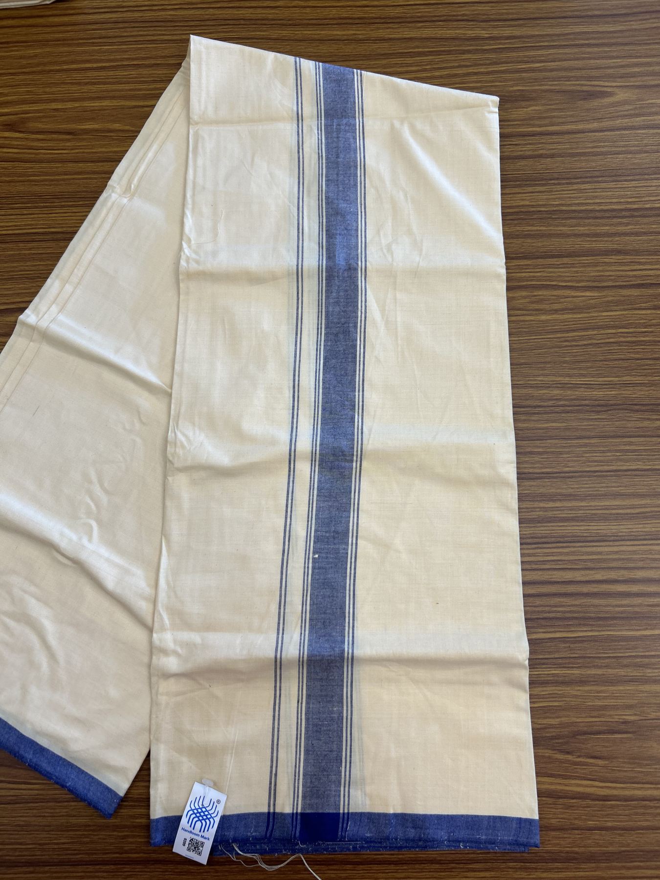 Kannur Kavi Dhoti - KaithariKada Balaramapuram Handloom Single Mundu/Dhoti - 100% Pure Cotton 2/80x2/80s Thread - Kannur Light Yellow colour Body 1.75 inch Blue Striped Kara - 41 KK8046 KAL