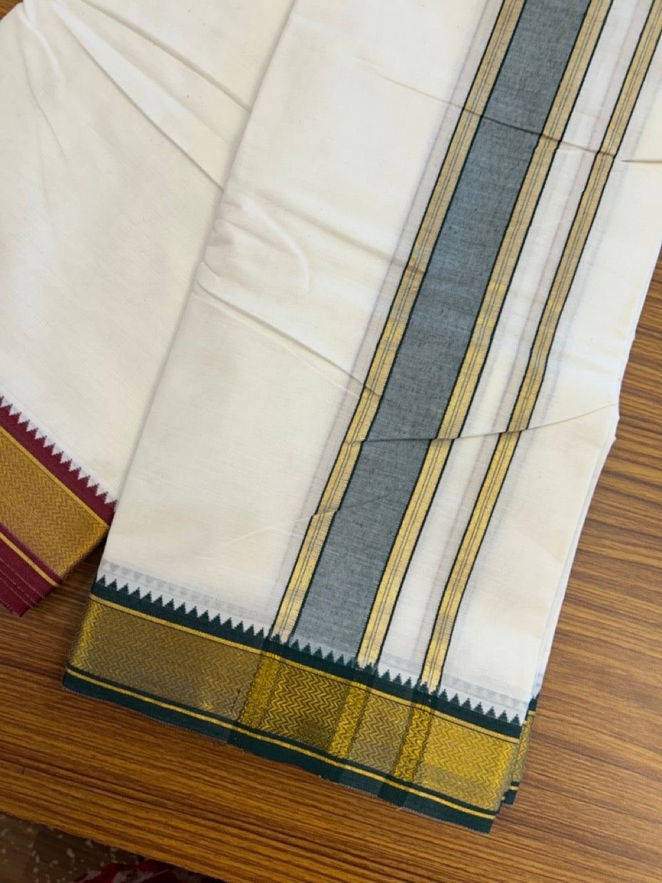 20% Discount! KaithariKada Cotton Mix Off White - (Unbleached) 80X90 thread - North Indian- Attached Gamcha - 10X6 Dhoti - 2 inch Green Gold Kasav kara with Dark Maroon & Green Gold Kasav Design border - 7 KK8304 PMC
