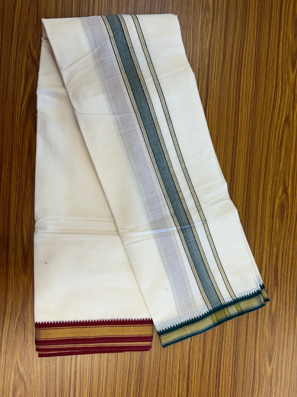 20% Discount! KaithariKada Cotton Mix Off White - (Unbleached) 80X90 thread - North Indian- Attached Gamcha- 10X6 Dhoti - 1.25 inch Green Gold Kasav kara with Dark Maroon & Green Gold Kasav Design border - 9 KK8304 PMC