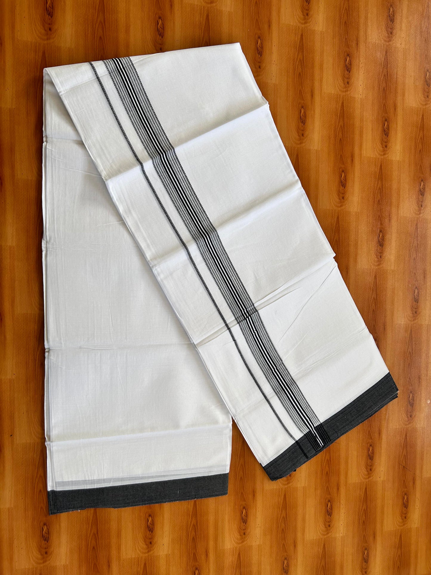 Double Pure White Mundu/Dothi - 20% Discount ! Kaitharikada Balaramapuram 100% Cotton 100x80 - 1.25 Inch Navy Blue Shaded Striped Kara 3.90 mtr (8 muzham) - 5 KK5437 VAS