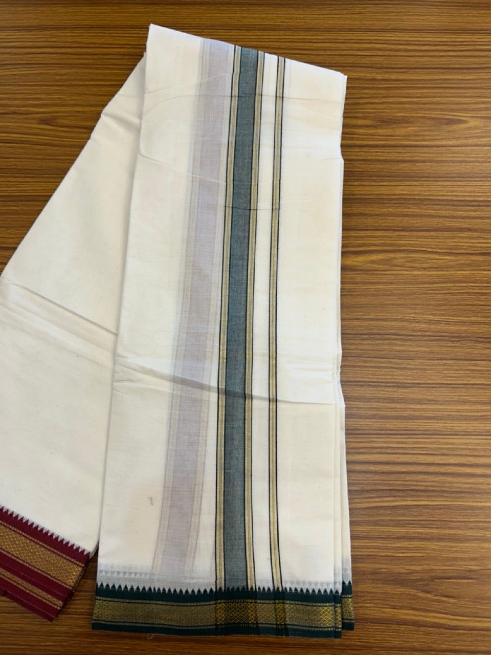 20% Discount! KaithariKada Cotton Mix Off White - (Unbleached) 80X90 thread - North Indian- Attached Gamcha- 10X6 Dhoti - 1.25 inch Green Gold Kasav kara with Dark Maroon & Green Gold Kasav Design border - 9 KK8304 PMC