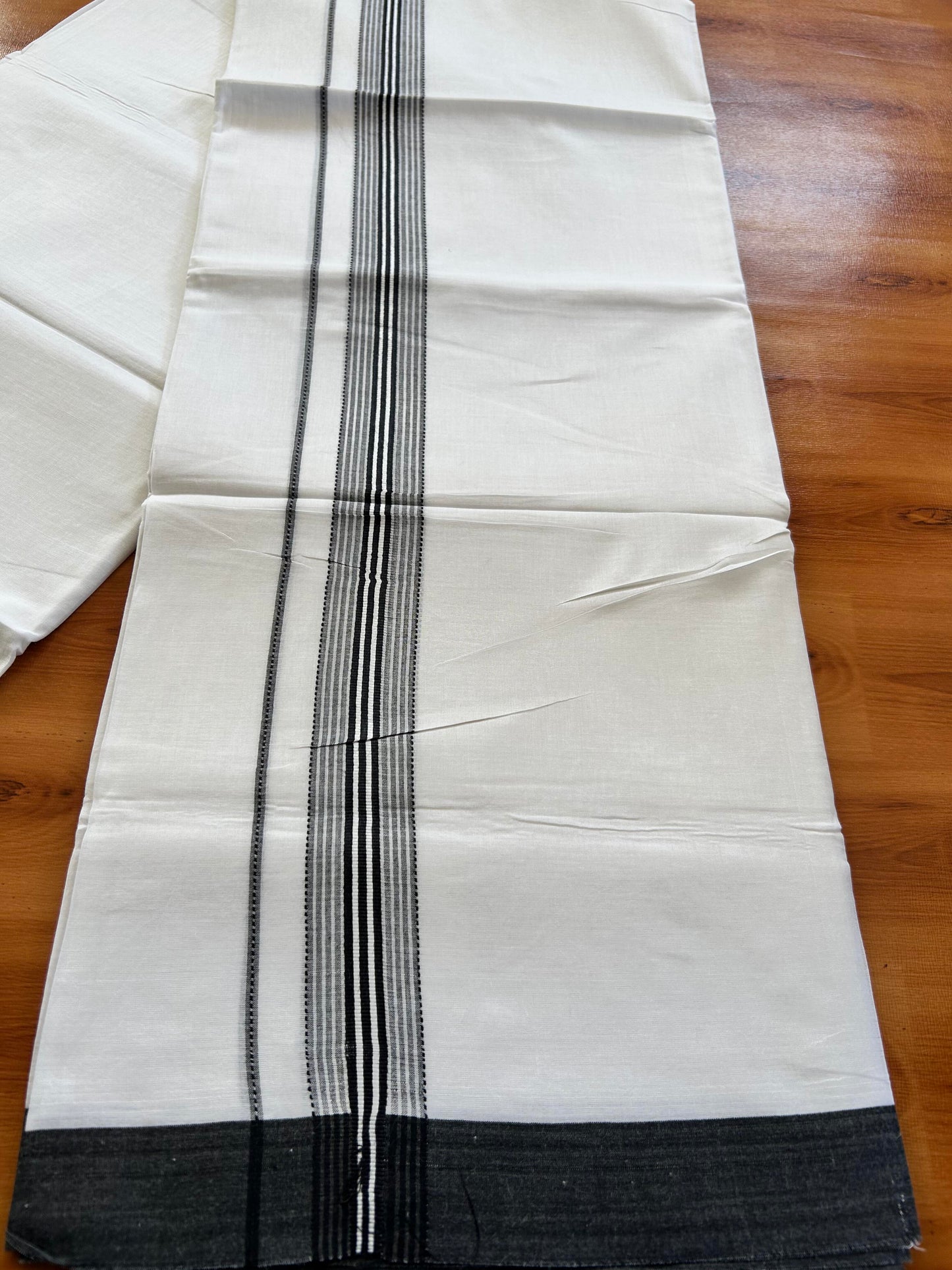 Double Pure White Mundu/Dothi - 20% Discount ! Kaitharikada Balaramapuram 100% Cotton 100x80 - 1.25 Inch Navy Blue Shaded Striped Kara 3.90 mtr (8 muzham) - 5 KK5437 VAS