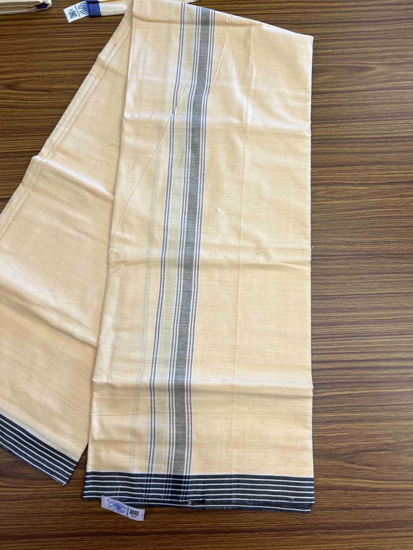 Kannur Kavi Dhoti - KaithariKada Balaramapuram Handloom Single Mundu/Dhoti - 100% Pure Cotton 2/60x40s Thread - Kannur Yellow colour Body 1 inch Black Striped Kara - 45 KK8046 KAL