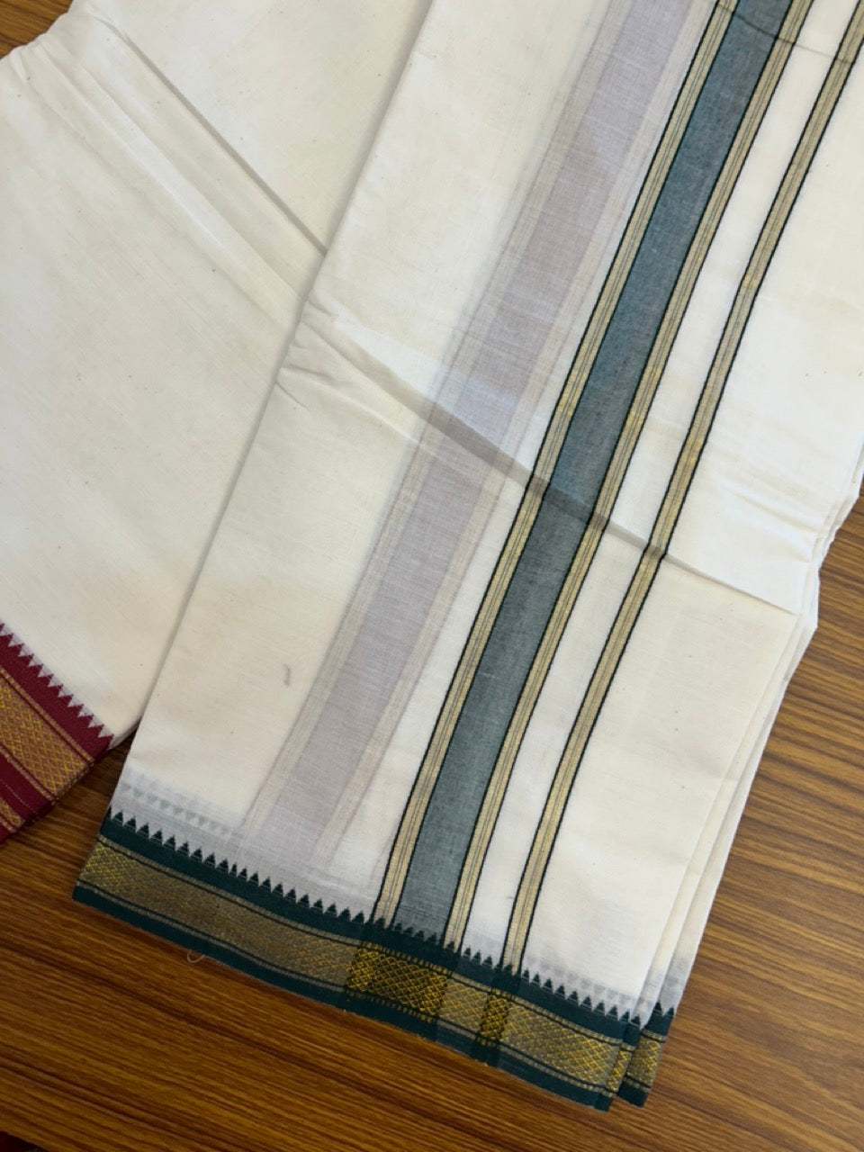 20% Discount! KaithariKada Cotton Mix Off White - (Unbleached) 80X90 thread - North Indian- Attached Gamcha- 10X6 Dhoti - 1.25 inch Green Gold Kasav kara with Dark Maroon & Green Gold Kasav Design border - 9 KK8304 PMC