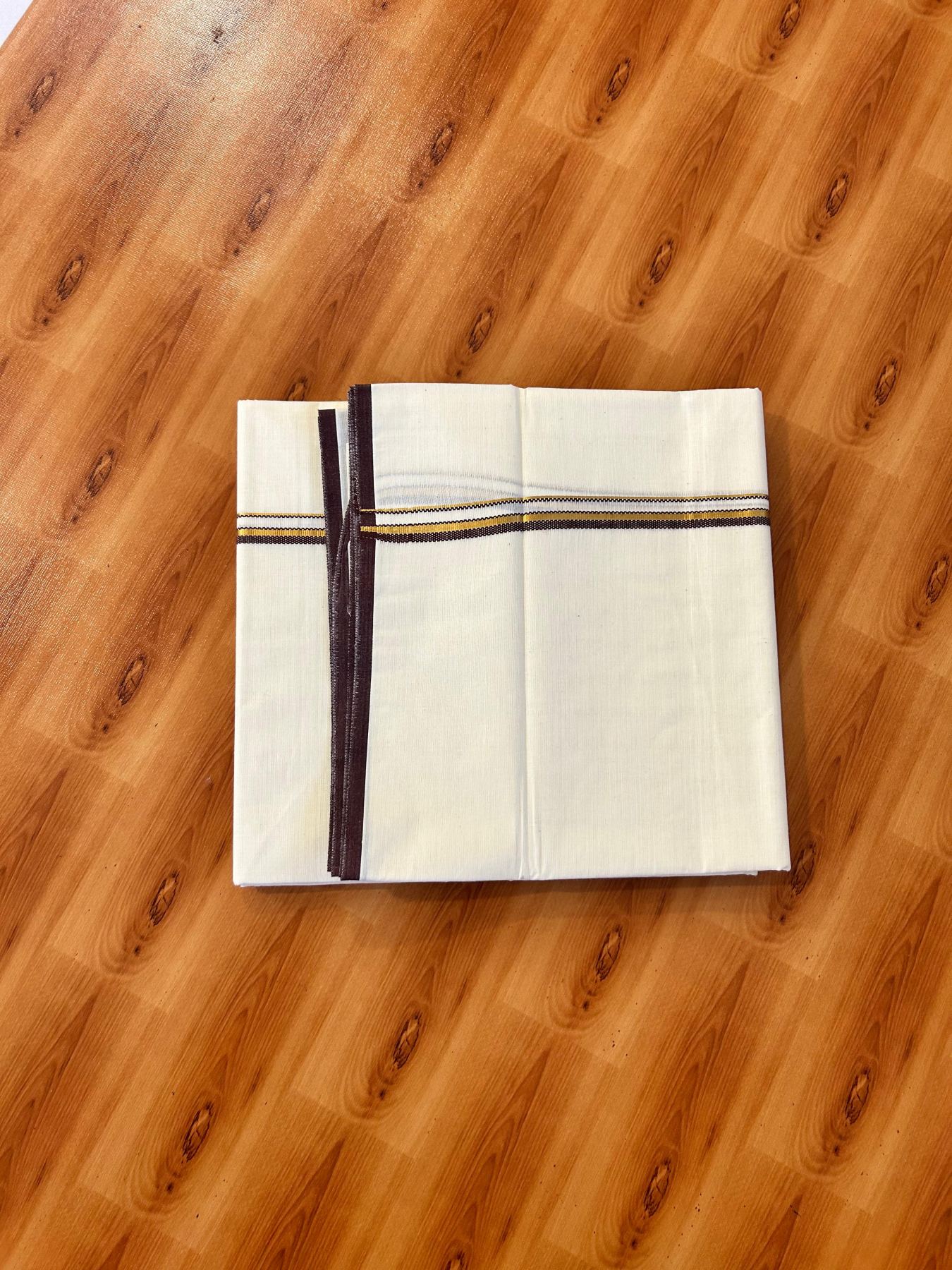 Double Off white (Unbleached) Mundu/Dhoti - 20% Discount! KaithariKada Pure Cotton  (80s) - 1 cm Gold Kasav Brown Kara 4 mtr (8.5 muzham) - 9 KK5479 GAN