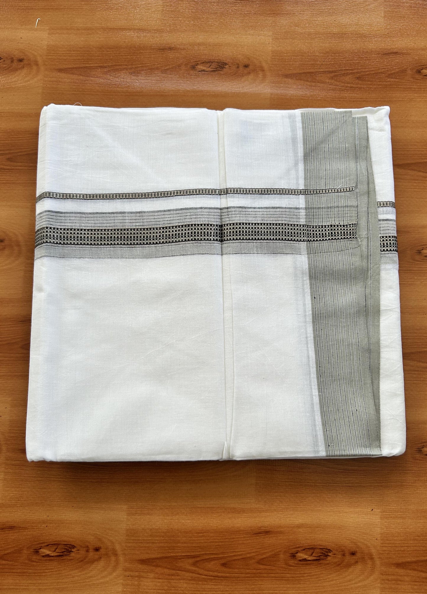 Double Pure White  Mundu/Dothi - 20% Discount!! Kaitharikada Balaramapuram 100% Pure Cotton 100x100 - 1.25 inch Silver Kasav & Greyish Pista Green & Black Design Striped Kara - 3.90 m (8 muzham) -  8 KK5437 VAS