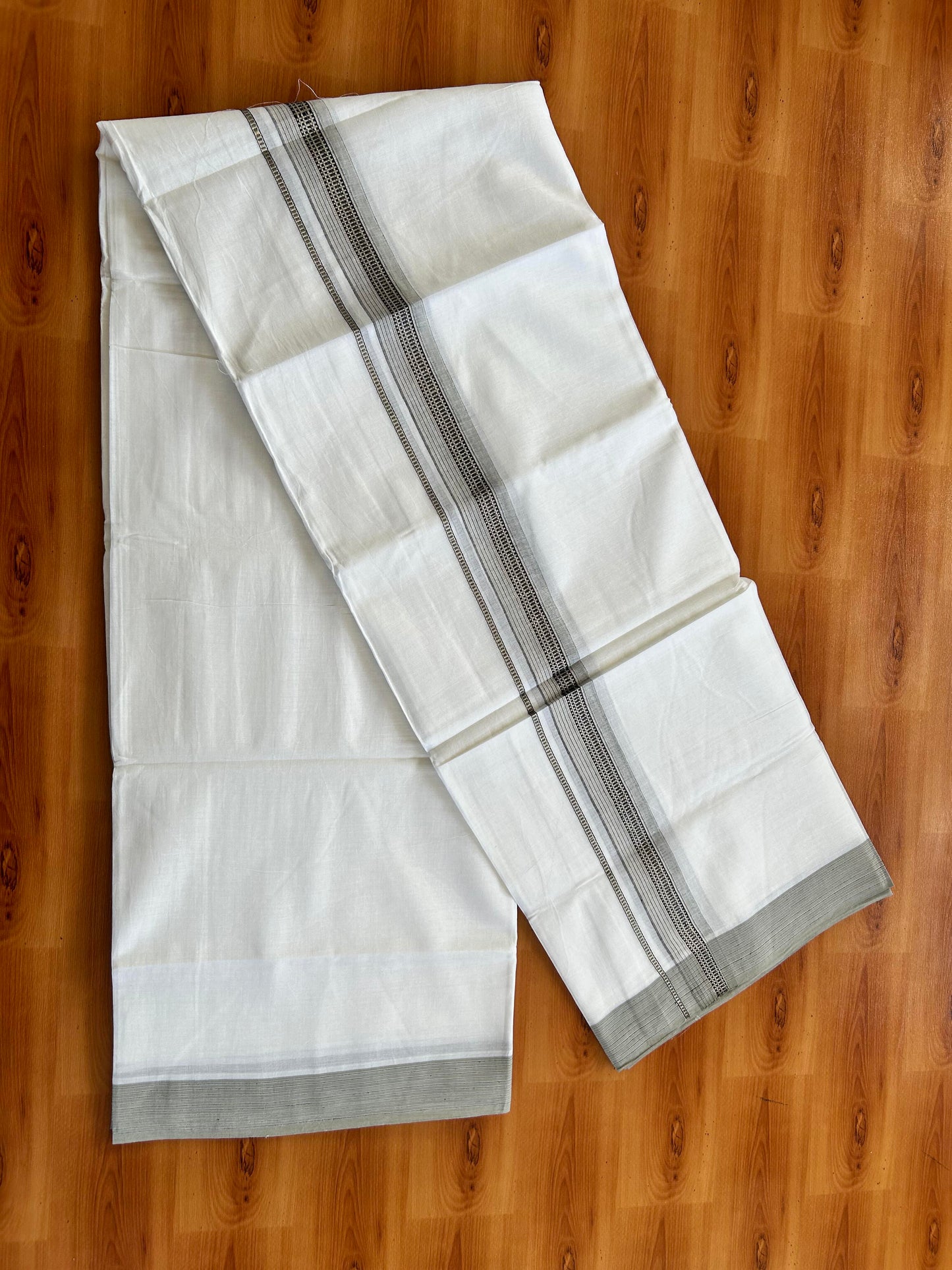 Double Pure White  Mundu/Dothi - 20% Discount!! Kaitharikada Balaramapuram 100% Pure Cotton 100x100 - 1.25 inch Silver Kasav & Greyish Pista Green & Black Design Striped Kara - 3.90 m (8 muzham) -  8 KK5437 VAS