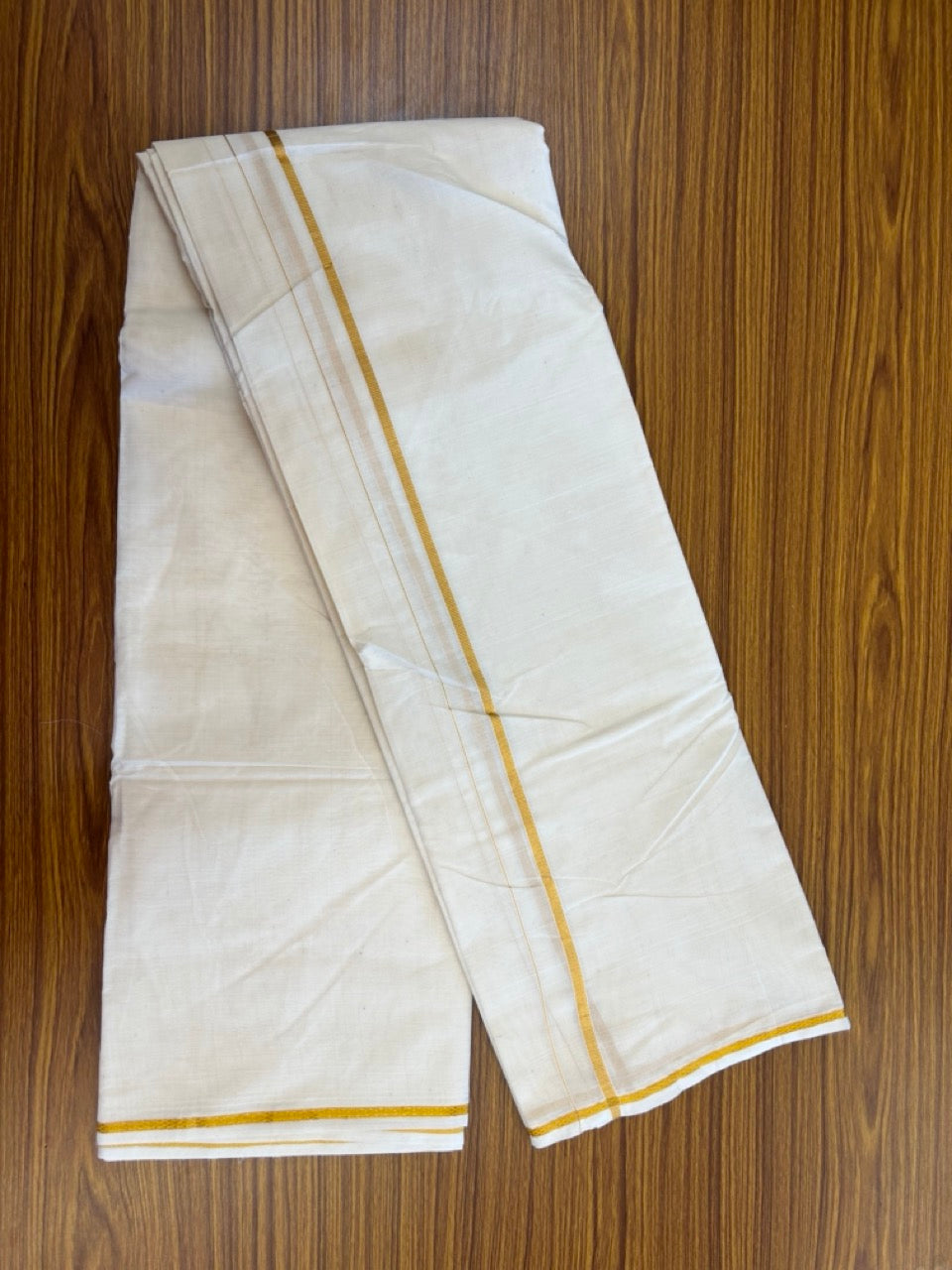 20% Discount! Kaitharikada Balaramapuram Cotton Mix Off White - (Unbleached) 80X90 thread - North Iindian- Attached Gamcha - 10X6 Dhoti - 0.25 inchGold Kasav border - 19 KK8304 PMC