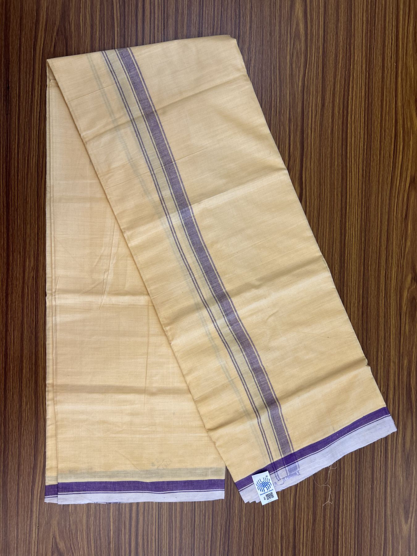 Kannur Kavi Dhoti - KaithariKada Balaramapuram Handloom Single Mundu/Dhoti - 100% Pure Cotton 2/60x40s Thread - Kannur Yellow colour Body 1 inch Violet Striped Kara - 47 KK8046 KAL
