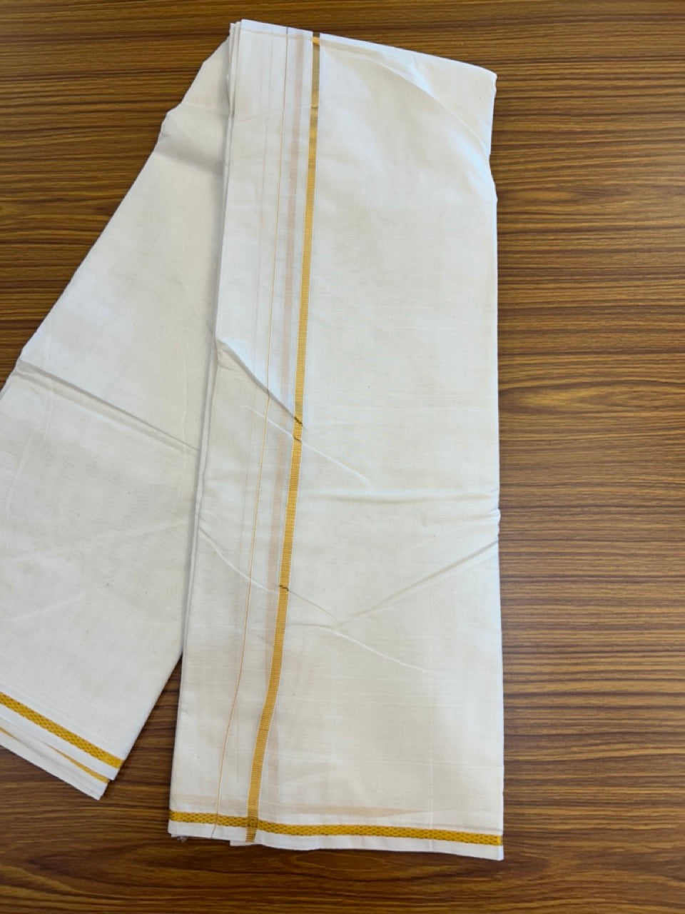 20% Discount! Kaitharikada Balaramapuram Cotton Mix Off White - (Unbleached) 80X90 thread - North Iindian- Attached Gamcha - 10X6 Dhoti - 0.25 inchGold Kasav border - 19 KK8304 PMC