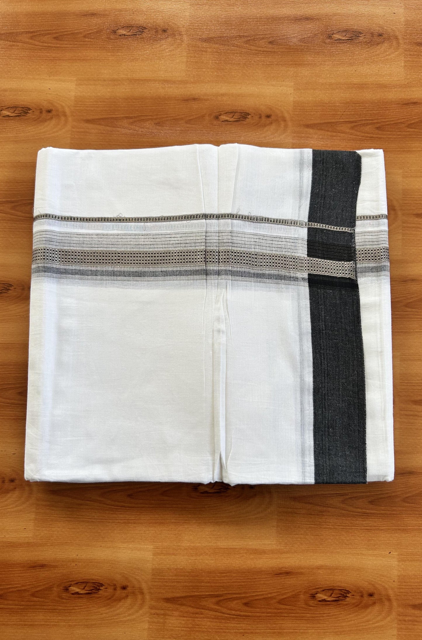 Double Pure White  Mundu/Dothi - 20% Discount!! Kaitharikada Balaramapuram 100% Pure Cotton 100x100 - 1.25 inch Silver Kasav & Grey & Black Striped Kara - 3.90 m (8 muzham) -  10 KK5437 VAS