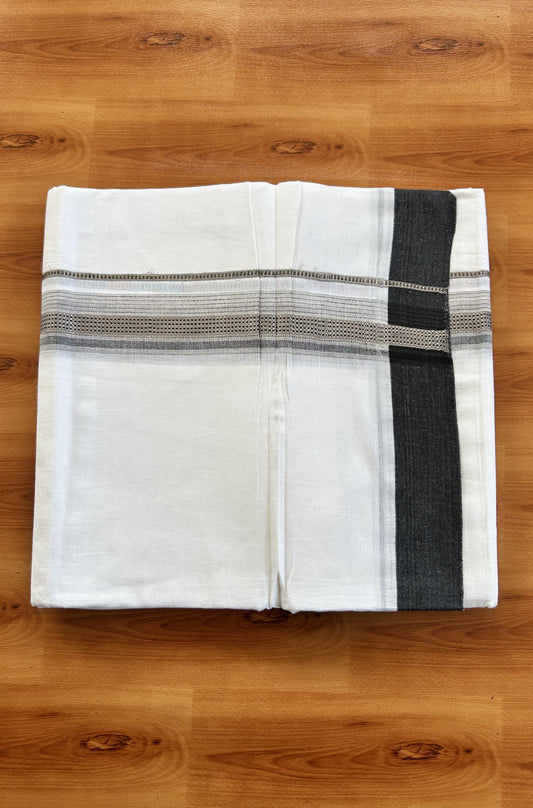Double Pure White  Mundu/Dothi - 20% Discount!! Kaitharikada Balaramapuram 100% Pure Cotton 100x100 - 1.25 inch Silver Kasav & Grey & Black Striped Kara - 3.90 m (8 muzham) -  10 KK5437 VAS