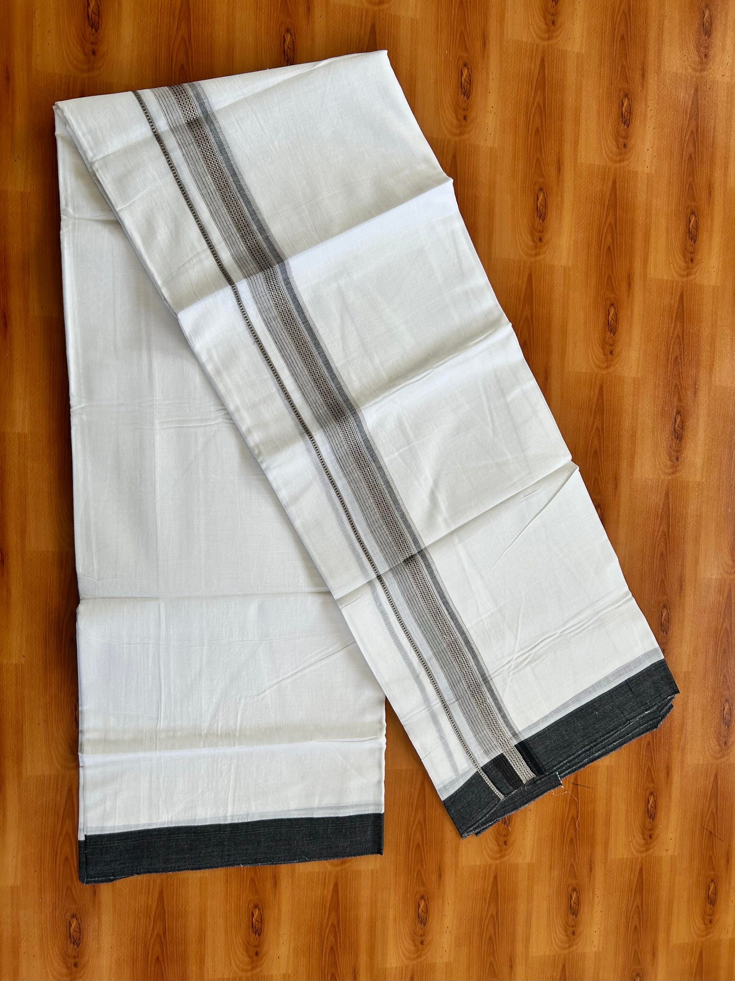 Double Pure White  Mundu/Dothi - 20% Discount!! Kaitharikada Balaramapuram 100% Pure Cotton 100x100 - 1.25 inch Silver Kasav & Grey & Black Striped Kara - 3.90 m (8 muzham) -  10 KK5437 VAS