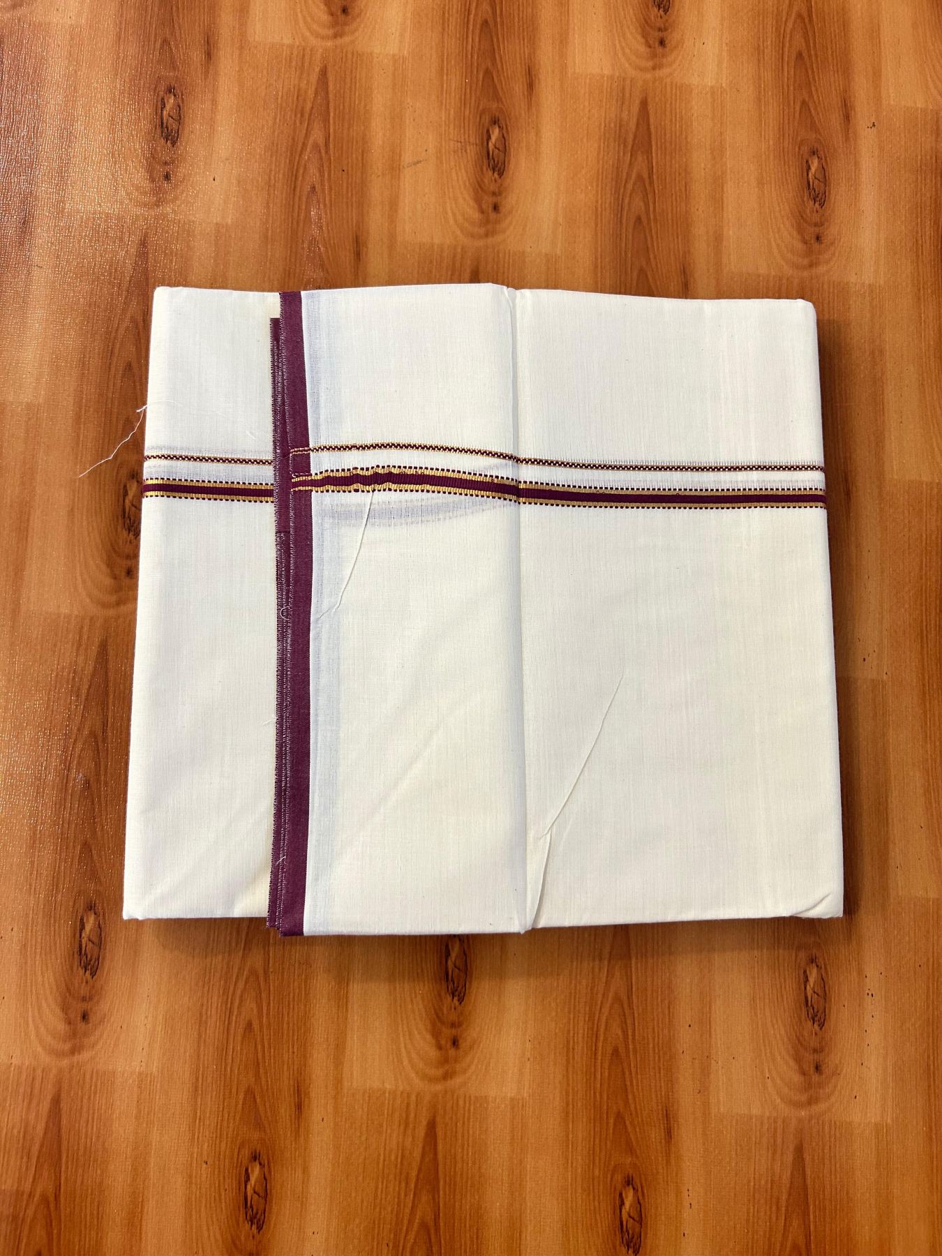 Double Off white (Unbleached) Mundu/Dhoti - 20% Discount! KaithariKada Pure Cotton  (80s) - 1 cm Gold Kasav wine purple Kara 4 mtr (8.5 muzham) - 10 KK5479 GAN
