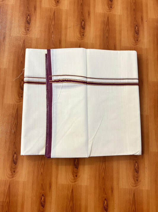 Double Off white (Unbleached) Mundu/Dhoti - 20% Discount! KaithariKada Pure Cotton  (80s) - 1 cm Gold Kasav wine purple Kara 4 mtr (8.5 muzham) - 10 KK5479 GAN