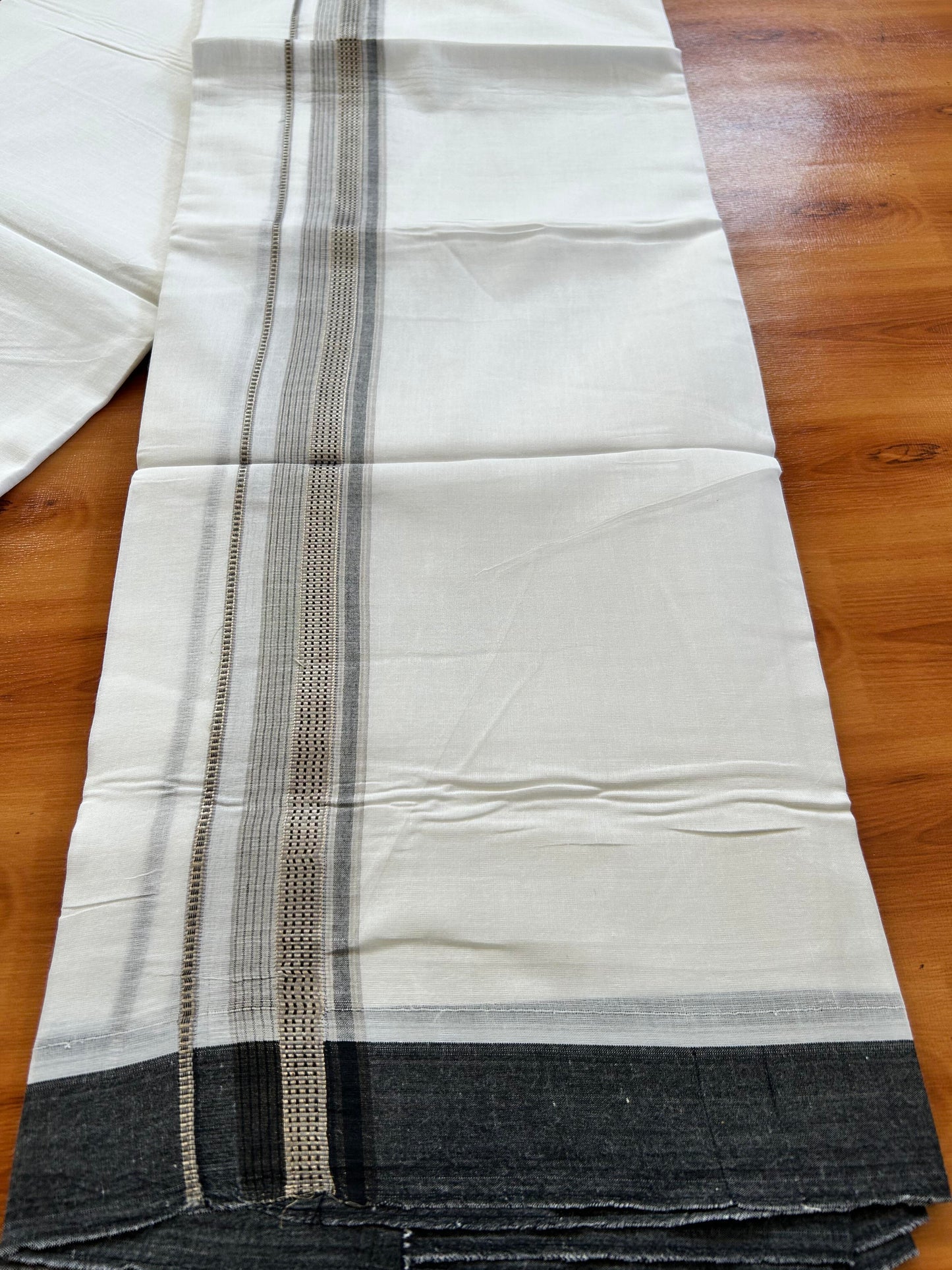 Double Pure White  Mundu/Dothi - 20% Discount!! Kaitharikada Balaramapuram 100% Pure Cotton 100x100 - 1.25 inch Silver Kasav & Grey & Black Striped Kara - 3.90 m (8 muzham) -  10 KK5437 VAS
